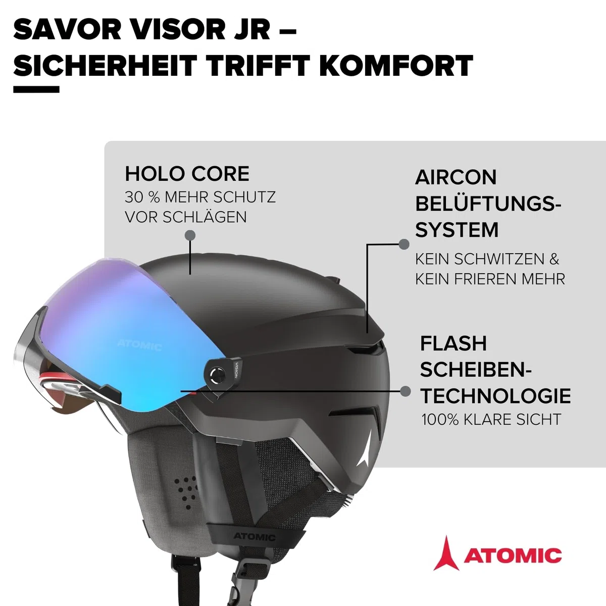 ATOMIC SAVOR VISOR JR Skihelm mit Visier - Für Kinder & Jugendliche - Max. Stoßdämpfung - Active Aircon Belüftung - Brille mit High End-Verspiegelung
