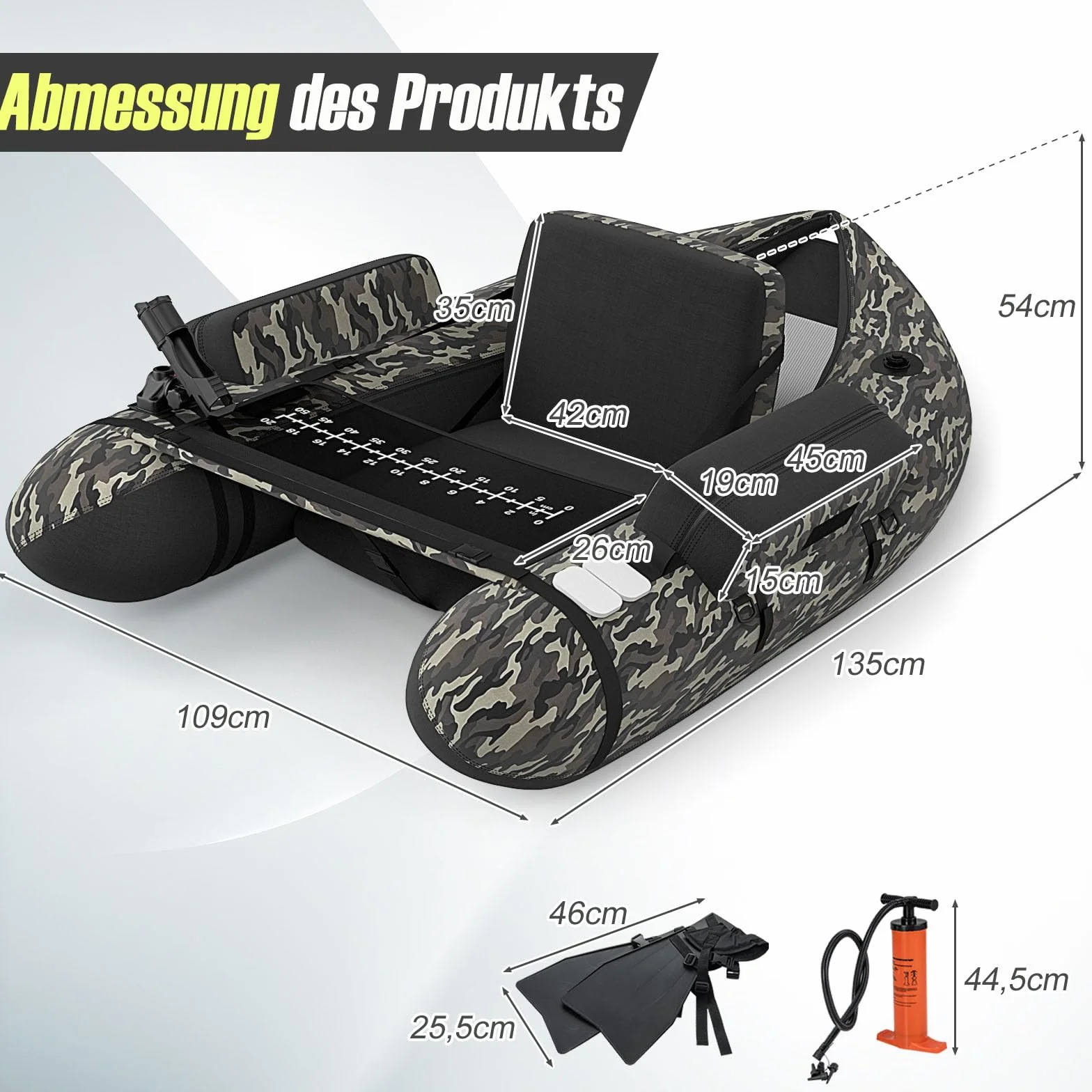 GYMAX Aufblasbares Angelboot, tragbares Belly Boat inkl. Pumpe, Paddel & verstellbaren Schultergurten, Fischerboot mit Fischlineal, Schlauchboot bis 150 kg belastbar