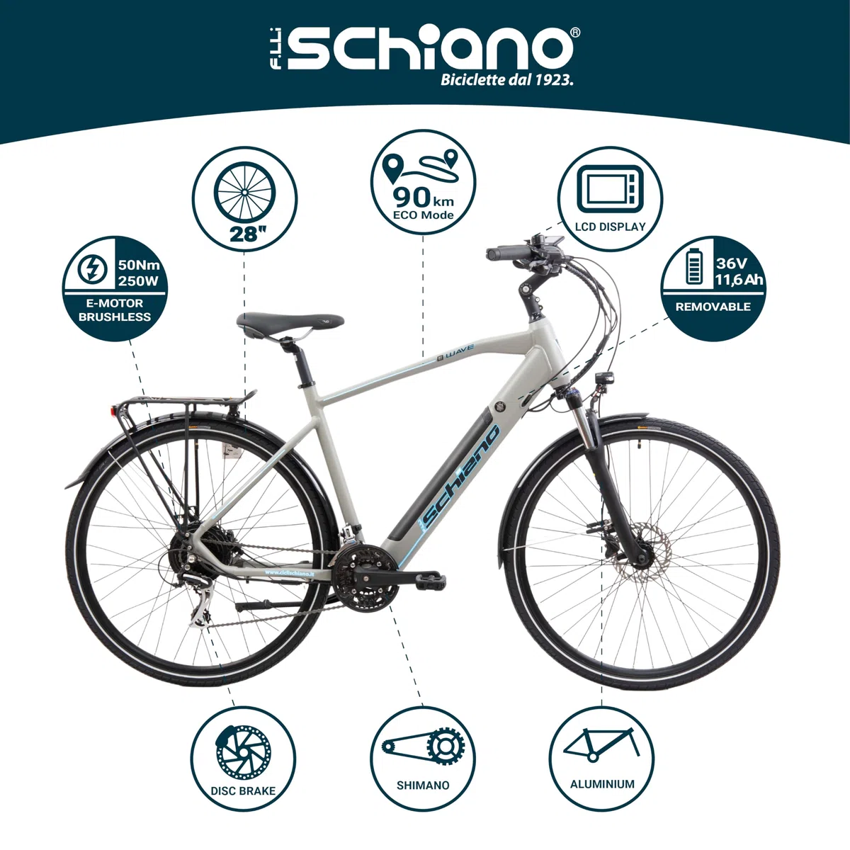 F.lli Schiano E-Bike Herren 28 Zoll, 418Wh Abnehmbarer Akku, 50Nm Motor, Shimano 21-Gang, Hydraulische Scheibenbremsen, E-Wave Grau