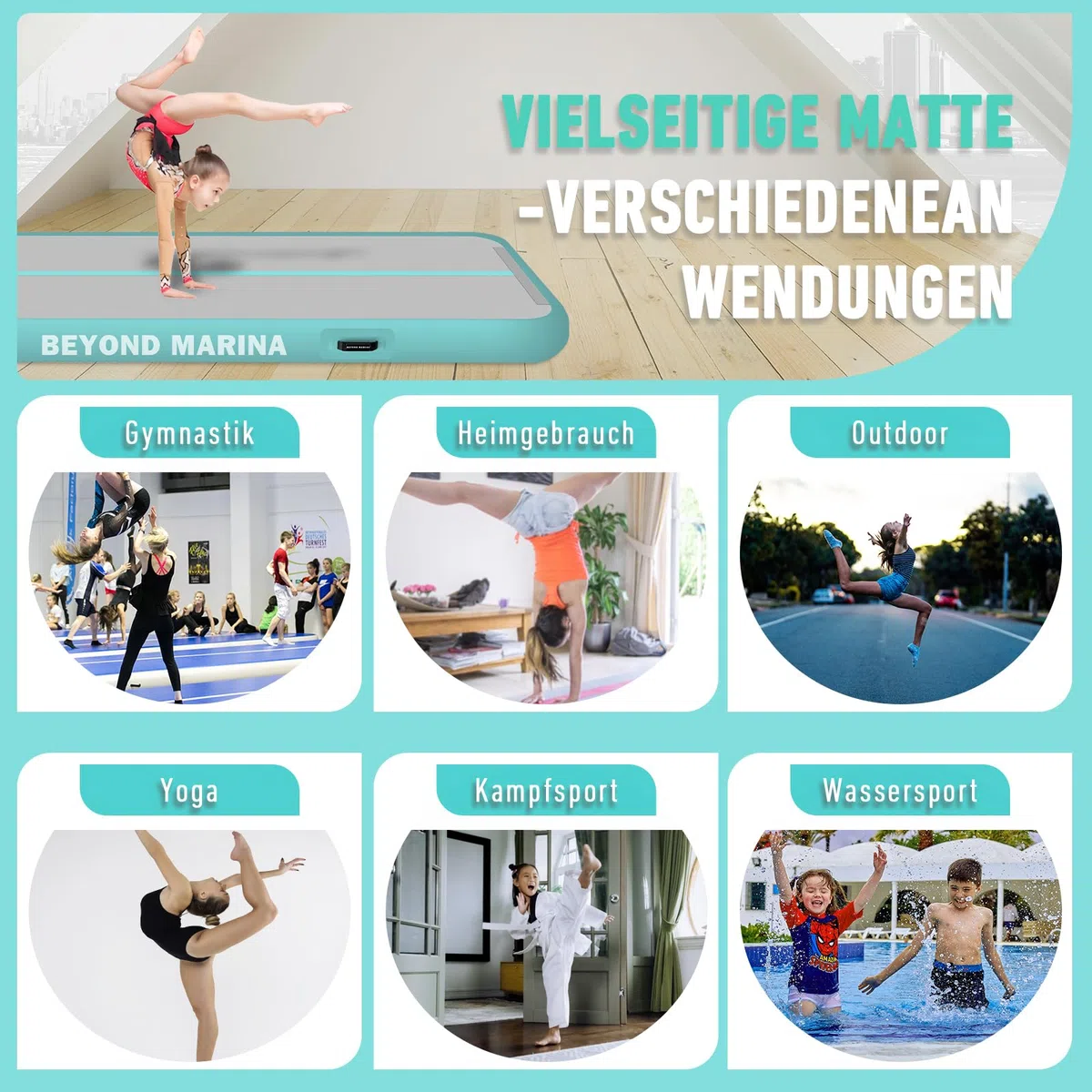 BEYOND MARINA Turnmatte Aufblasbar, Air Matte Track, Air Tracking Matte, 3m 4m 5m 6m Gymnastikmatte Tumbling Matten 10/20cm hoch mit pumpe für Zuhause, Trainingsmatte, Fitnessmatte, Yogamatte