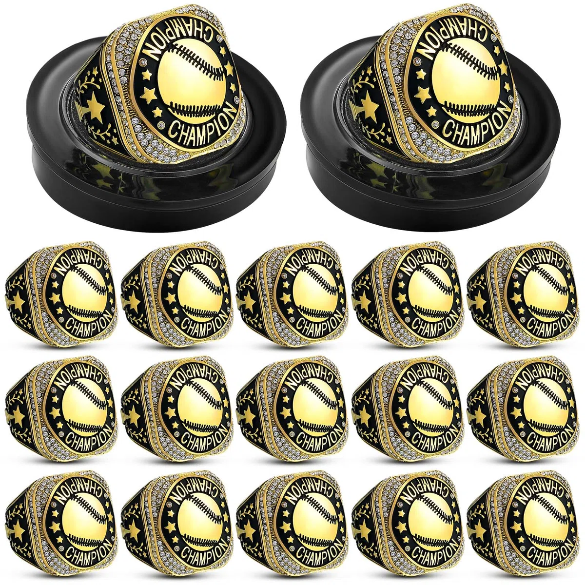 Highergo Fußball-, Basketball-, Softball-Meisterschaftsringe mit Display-Hals-Kette und Ständer, für Baseball, Volleyball, Fußball, Cheer, Trophäe, für Turnierauszeichnung, Geschenk, 20 Stück