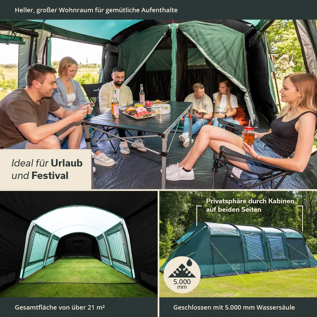 Skandika Tunnelzelt Montana 8 Personen | Camping Zelt mit/ohne eingenähten Zeltboden, mit/ohne Sleeper Technologie, 3-4 Schlafkabinen, 5000 mm Wassersäule, Moskitonetze | großes Familienzelt