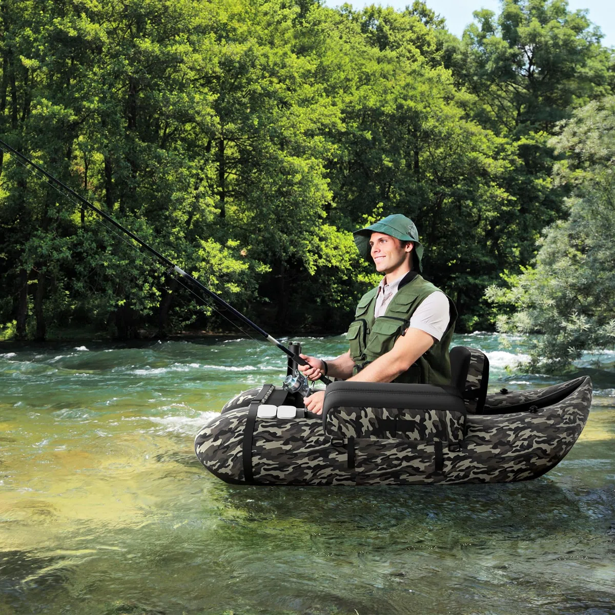 GYMAX Aufblasbares Angelboot, tragbares Belly Boat inkl. Pumpe, Paddel & verstellbaren Schultergurten, Fischerboot mit Fischlineal, Schlauchboot bis 150 kg belastbar