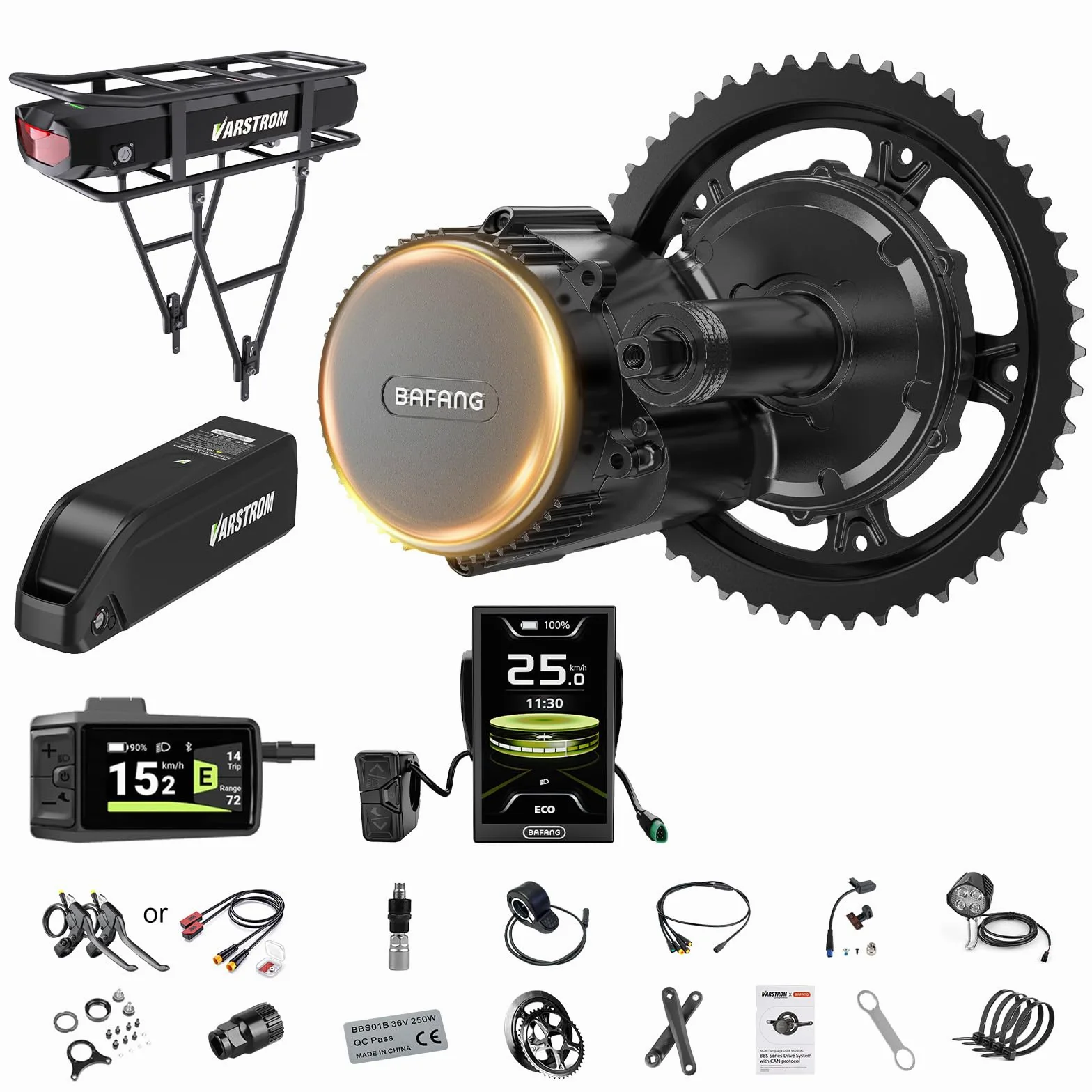 BAFANG Mittelmotor E-Bike Umbausatz, BBS01B BBS02B BBS-HD Mittelmotor Umbausatz Kit mit optionalem LCD-Display & Akku, 36V 48V 52V für Tretlager 68-73/100/120 mm Bike
