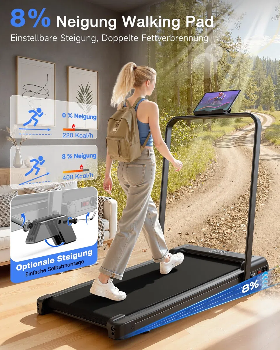 HomeFitnessCode Laufband Klappbar mit Neigung - Walking Pad für Zuhause Klein Laufpad mit Steigung Walkpad Untertisch Elektrisch Walking Band Gehband Treadmill