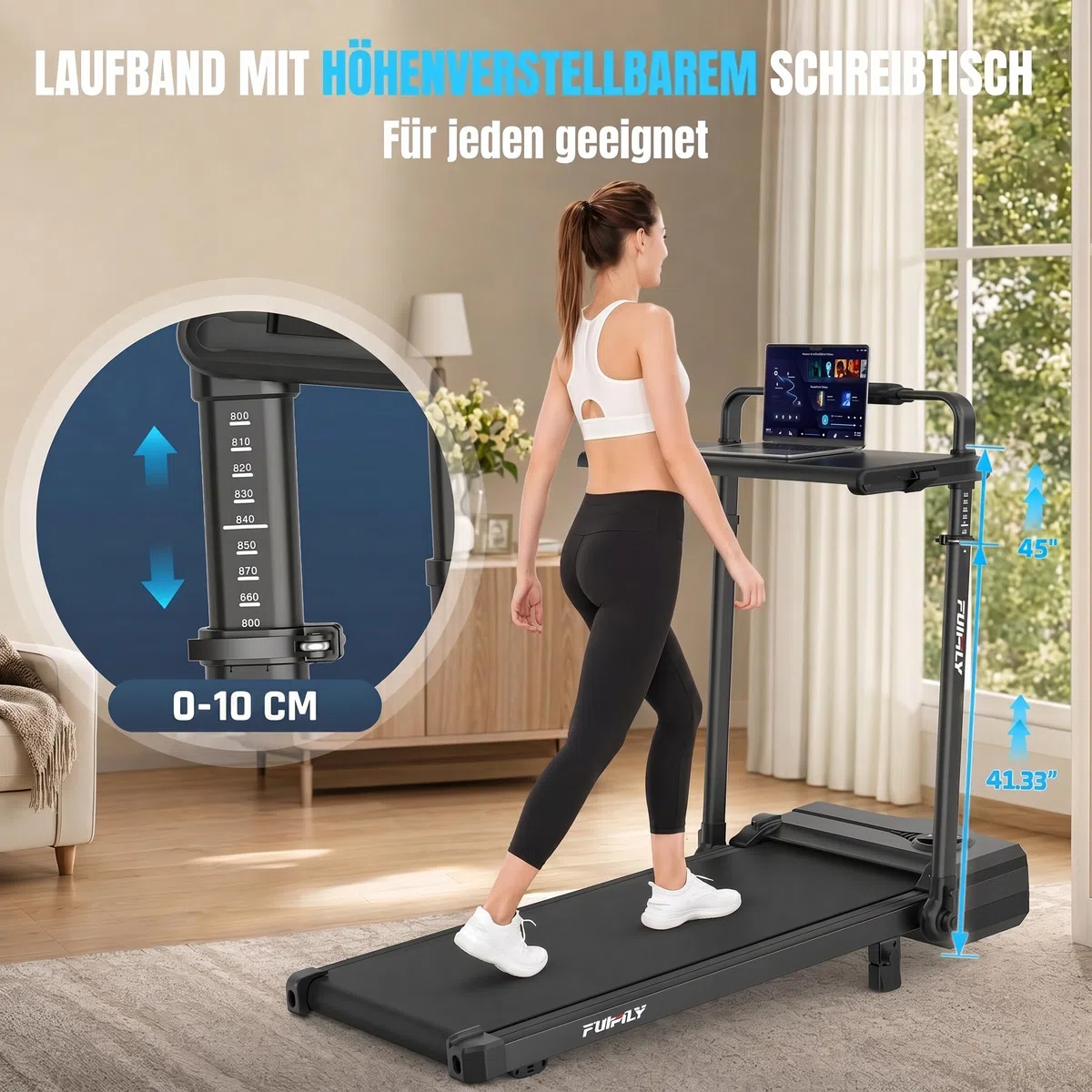 Walking Pad Laufband für Zuhause Klappbar - Walking Pad mit Steigung 9%, 8 in 1 Schreibtisch Laufband mit verstellbarem Handlauf 105-115 cm, 3.5 PS Leise Treadmill für Home Office & Büro bis 150 kg