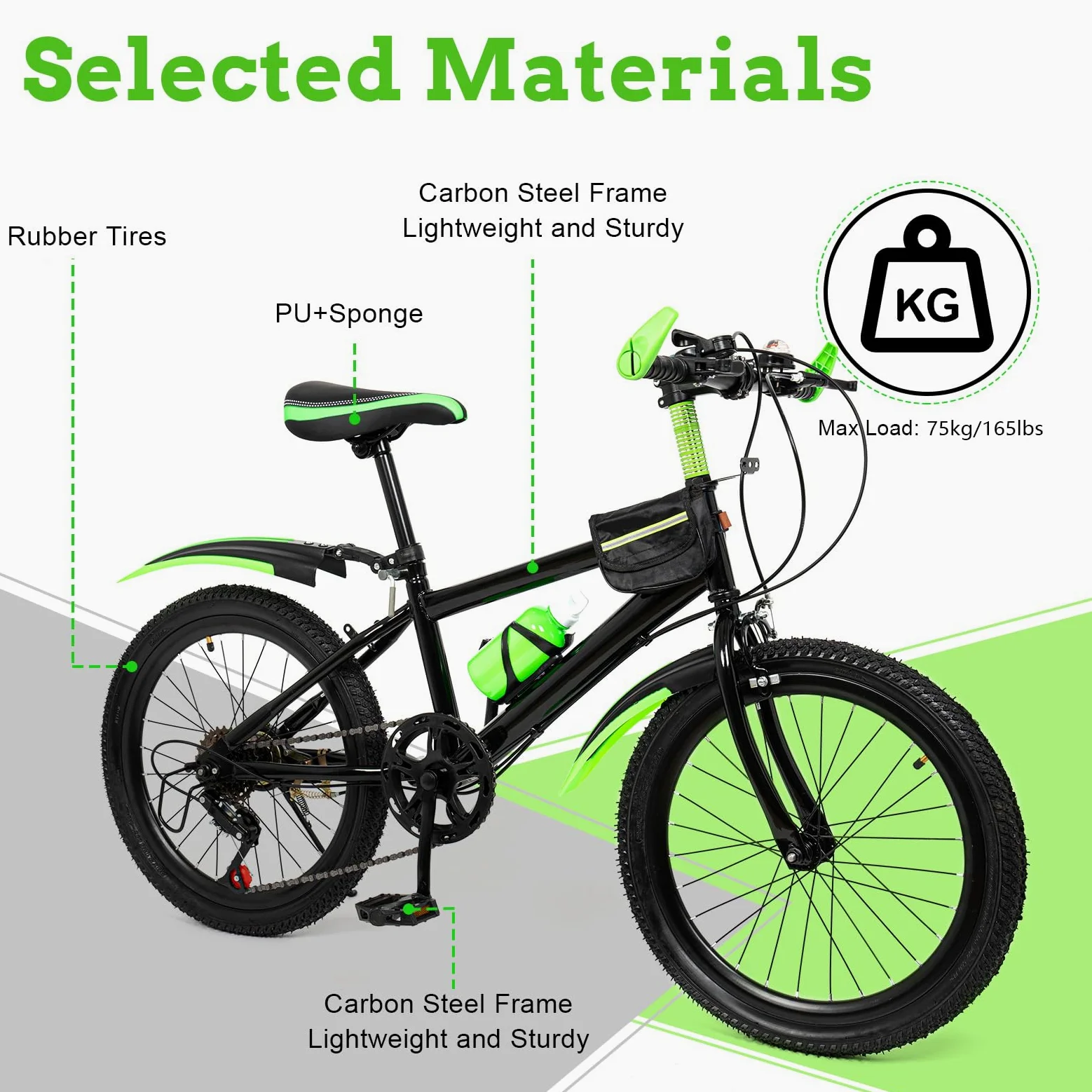 20 Zoll Kinder Mountainbike für Jungen Mädchen, 7 Geschwindigkeit Kinder Fahrrad vorne und hinten Doppelbremse für Höhe 1.3-1.5m, Kinder Fahrrad mit Fendern, Wasserflasche und Kompass, 85KG