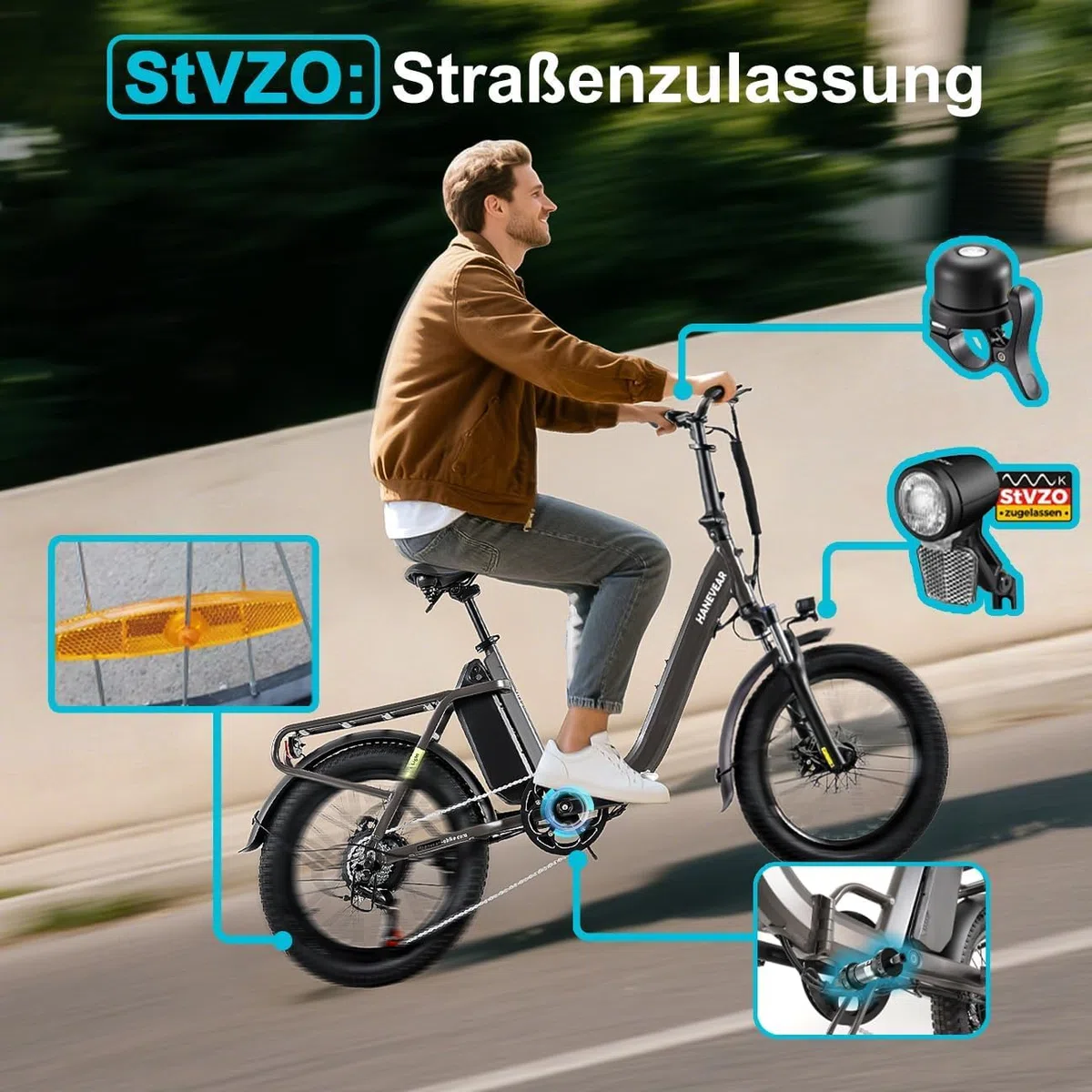 HANEVEAR H6-Light E Bike Klapprad, Elektrofahrräder mit Drehmomentsensor | 48V 14,5Ah Akku bis zu 120km+ | 55N.m 250W-Motor | 3.0'' Fat E-Bike, Off-Road Pedelec EBike Herren Damen