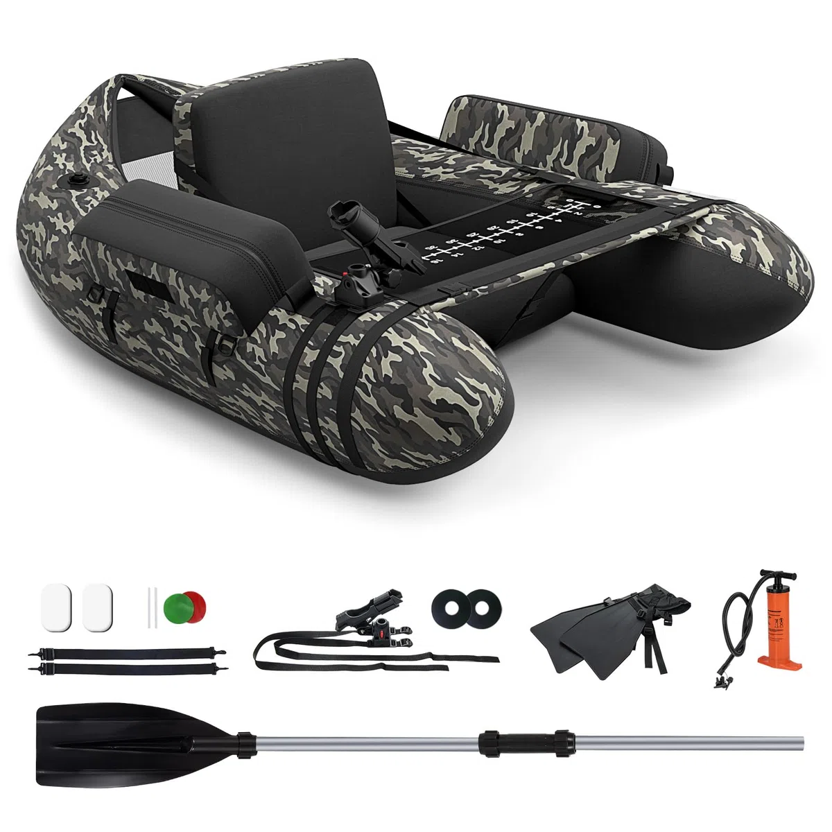 GYMAX Aufblasbares Angelboot, tragbares Belly Boat inkl. Pumpe, Paddel & verstellbaren Schultergurten, Fischerboot mit Fischlineal, Schlauchboot bis 150 kg belastbar