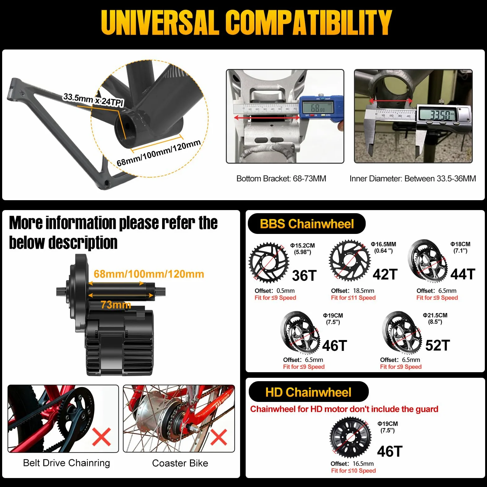 BAFANG Mittelmotor E-Bike Umbausatz, BBS01B BBS02B BBS-HD Mittelmotor Umbausatz Kit mit optionalem LCD-Display & Akku, 36V 48V 52V für Tretlager 68-73/100/120 mm Bike