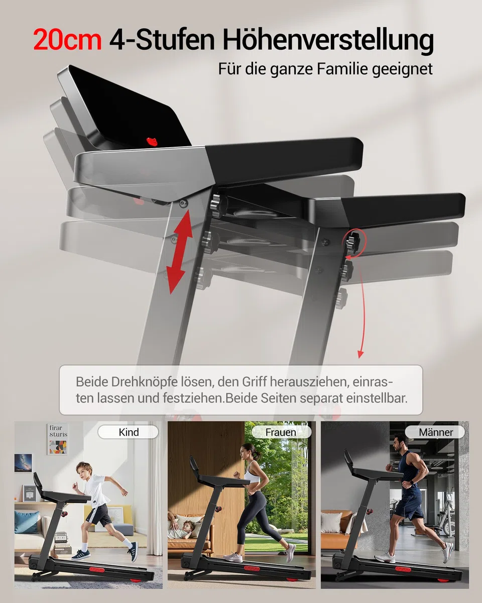 LONTEK Laufband für Zuhause mit 20% Automatischer Steigung, 14 KM/H | 14 KM/H Laufbänder mit 4-stufig verstellbarer Konsole, 3.5 HP Treadmill for Home mit LED-Anzeige, 180 KG
