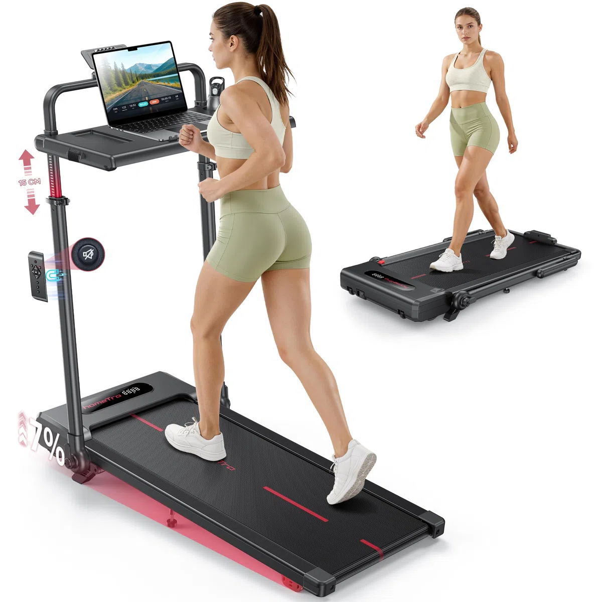 Laufband für Zuhause Klappbar mit 7% Steigung, All-in-1 Walking Pad bis 12 km/h mit 3,0 PS Leisem Motor, Höhenverstellung bis 150mm & Abnehmbarem Schreibtisch, APP und Fernbedienung