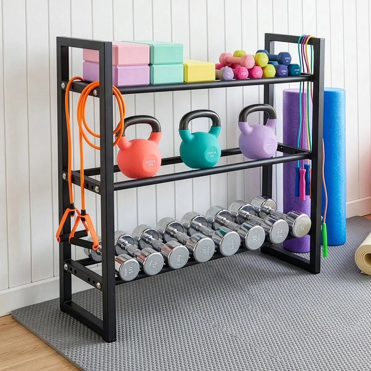 3-Stöckiges Hantelgestell aus Metall, verstellbare Breite, Belastbarkeit 360 lbs, für Hanteln, Kettlebells und Fitnessgeräte