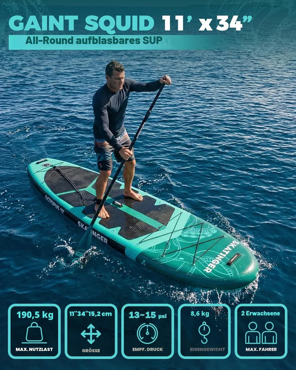 Skatinger 335 x 86,4 cm extra breites aufblasbares Paddelbrett, bis zu 190 kg Stand-Up-Paddle-Boards für Erwachsene, stabiles SUP für 2 Personen/Familie, 3-heiliges Paddel, Schultergurt, US-Finne