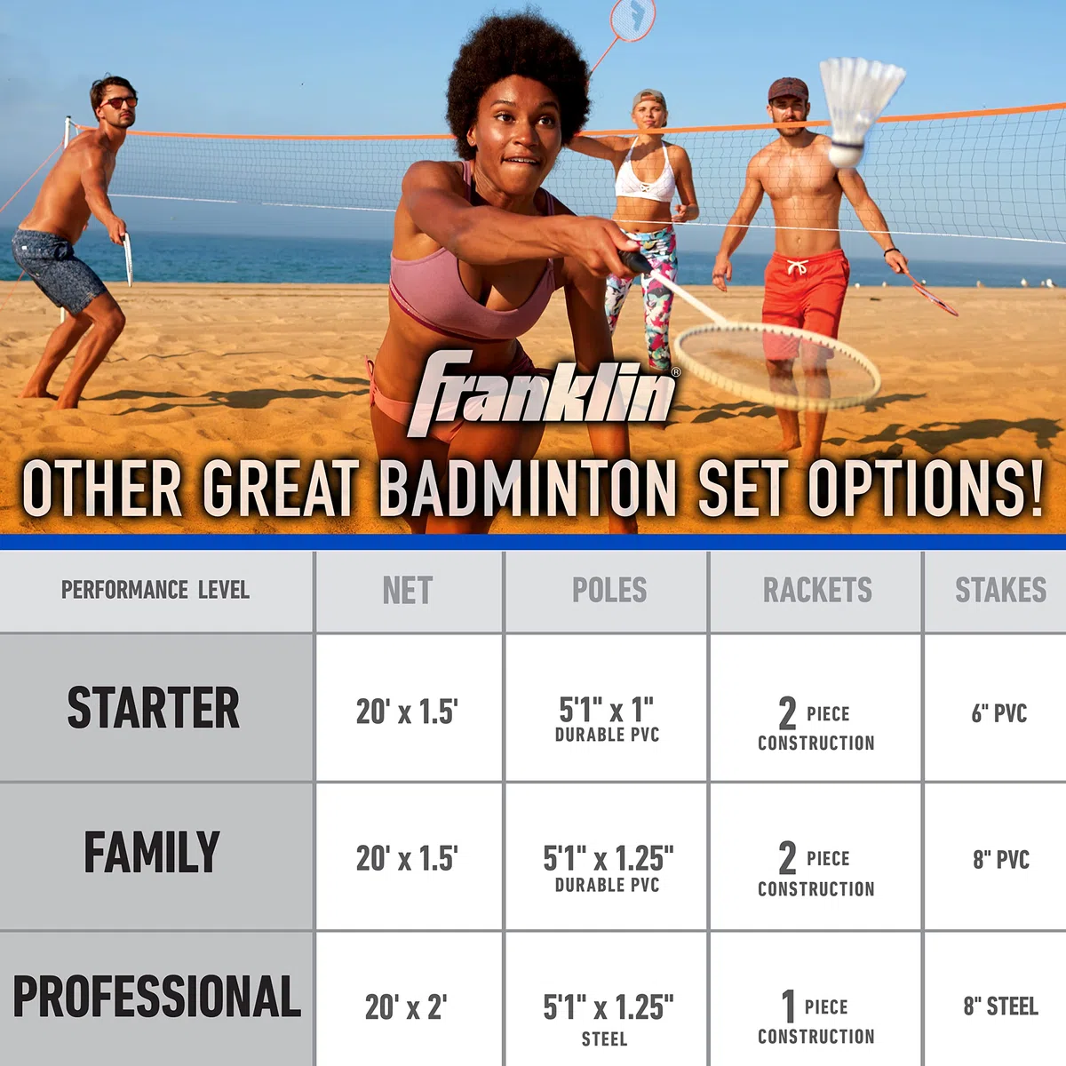 Franklin Sports Tragbares Badminton-Set – Erwachsene und Kinder Badmintonnetz – perfektes Hinterhof-/Rasenspiel – inklusive 4 Schläger – Freizeit
