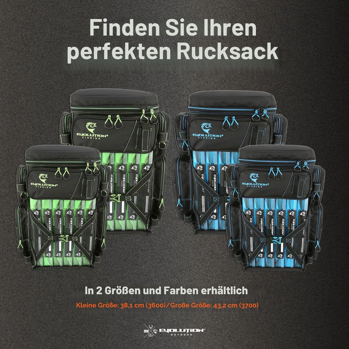 Evolution Fishing Drift-Serie 3700 Angelrucksack mit QuikLatch-System und 2 Rutenhaltern, robust, mit 6Tackle-Boxen, Grün