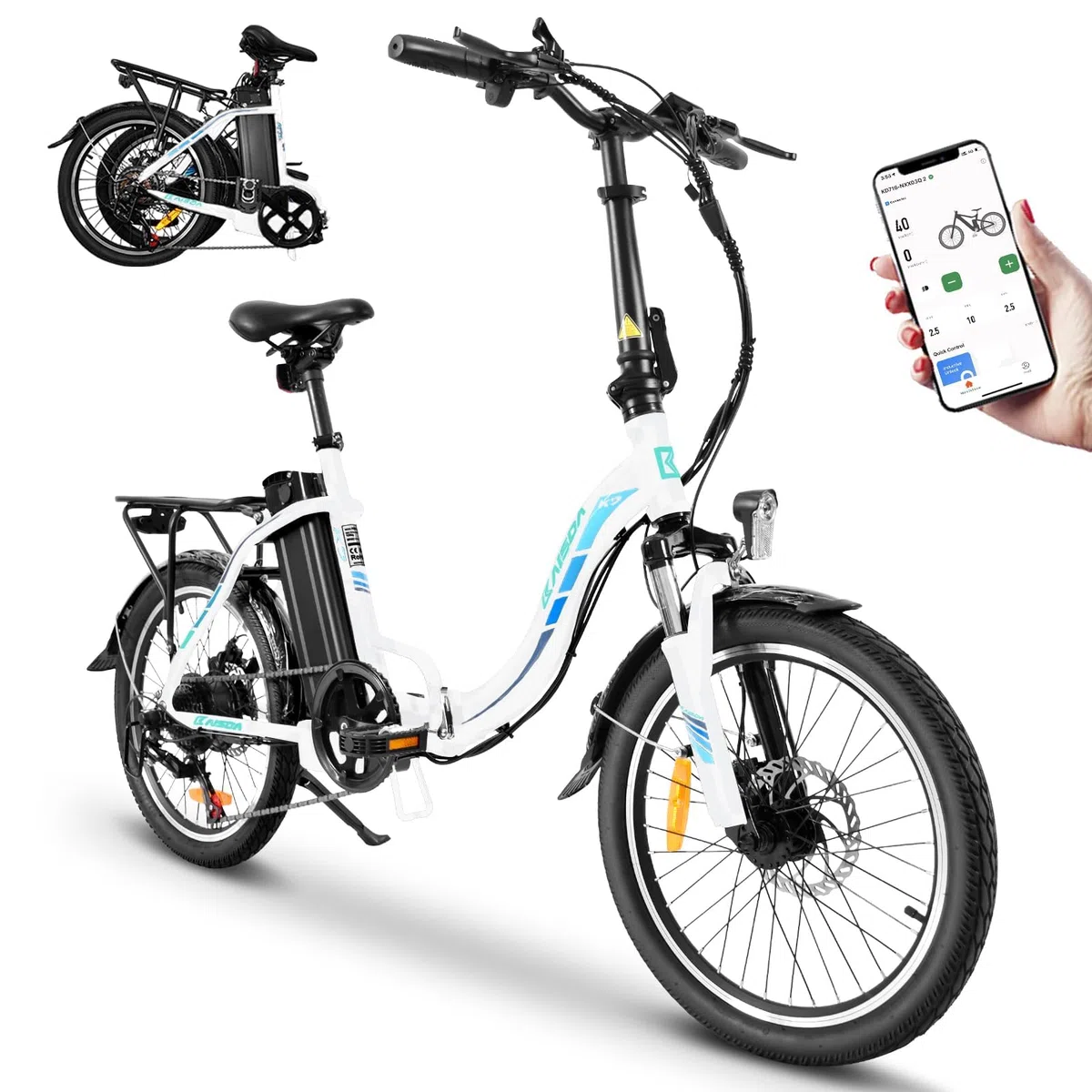 E-Bike Klapprad 20“ Elektrofahrrad, Aluminium, mit 250w Motor 36V 13Ah Li-Ion Akku, Reichweite bis zu 100km, 7 Gang, E-citybike, 22kg (White)