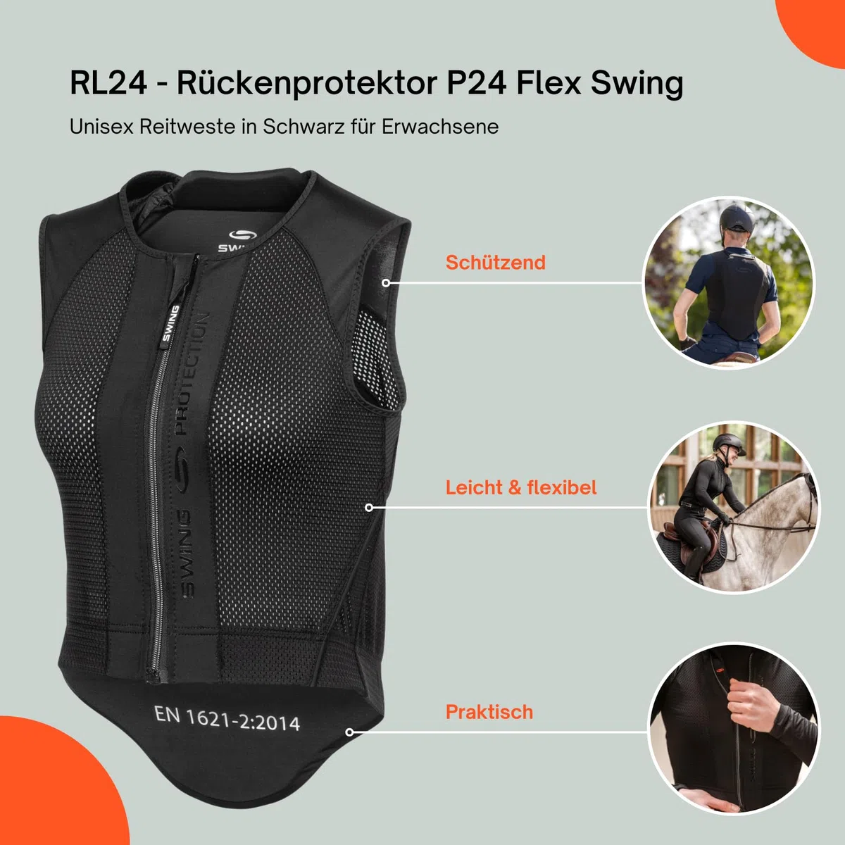 RL24 - Rückenprotektor P24 Flex Swing – Protektorenweste – Reiter Schutzweste – atmungsaktiv & leicht – automatische Weitenregulierung – Unisex Reitweste in Schwarz für Erwachsene