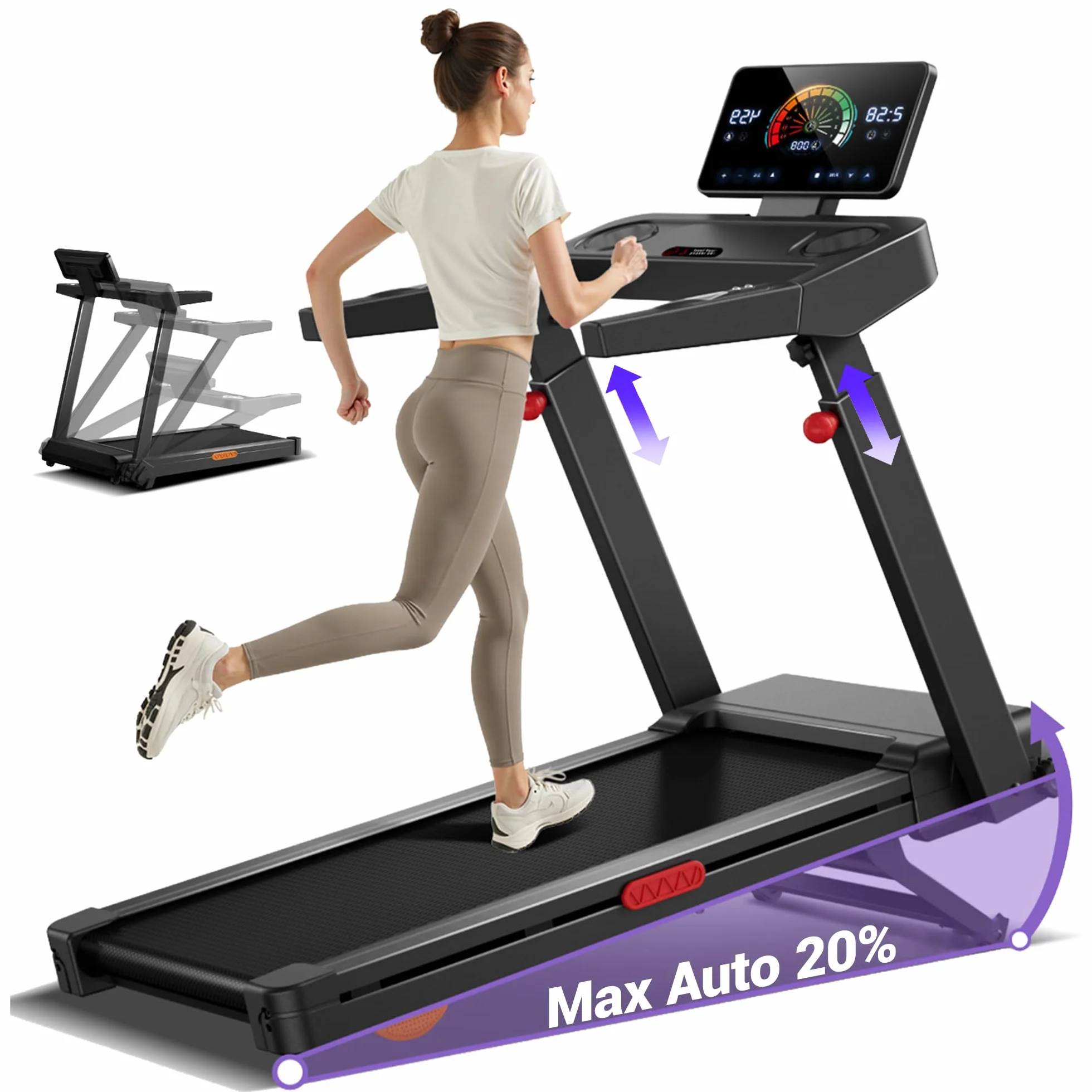 LONTEK Laufband für Zuhause mit 20% Automatischer Steigung, 14 KM/H | 14 KM/H Laufbänder mit 4-stufig verstellbarer Konsole, 3.5 HP Treadmill for Home mit LED-Anzeige, 180 KG