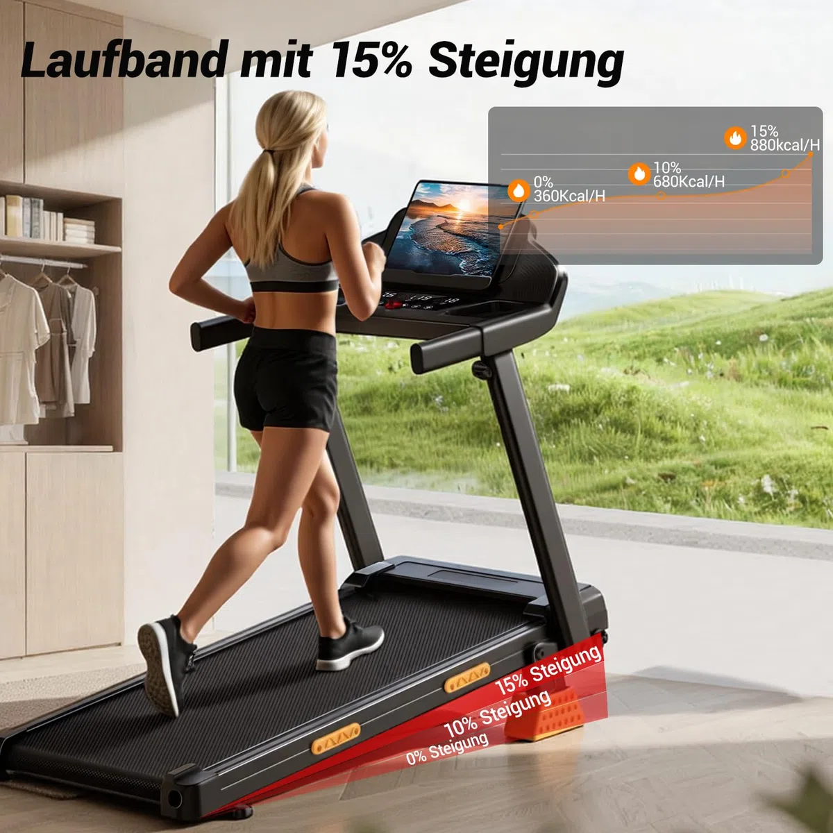 CURSOR Laufband für Zuhause mit Steigung 16%, 12KM/H Laufbänder, Treadmill for Home mit Handgriff,Max Belastung 136KG