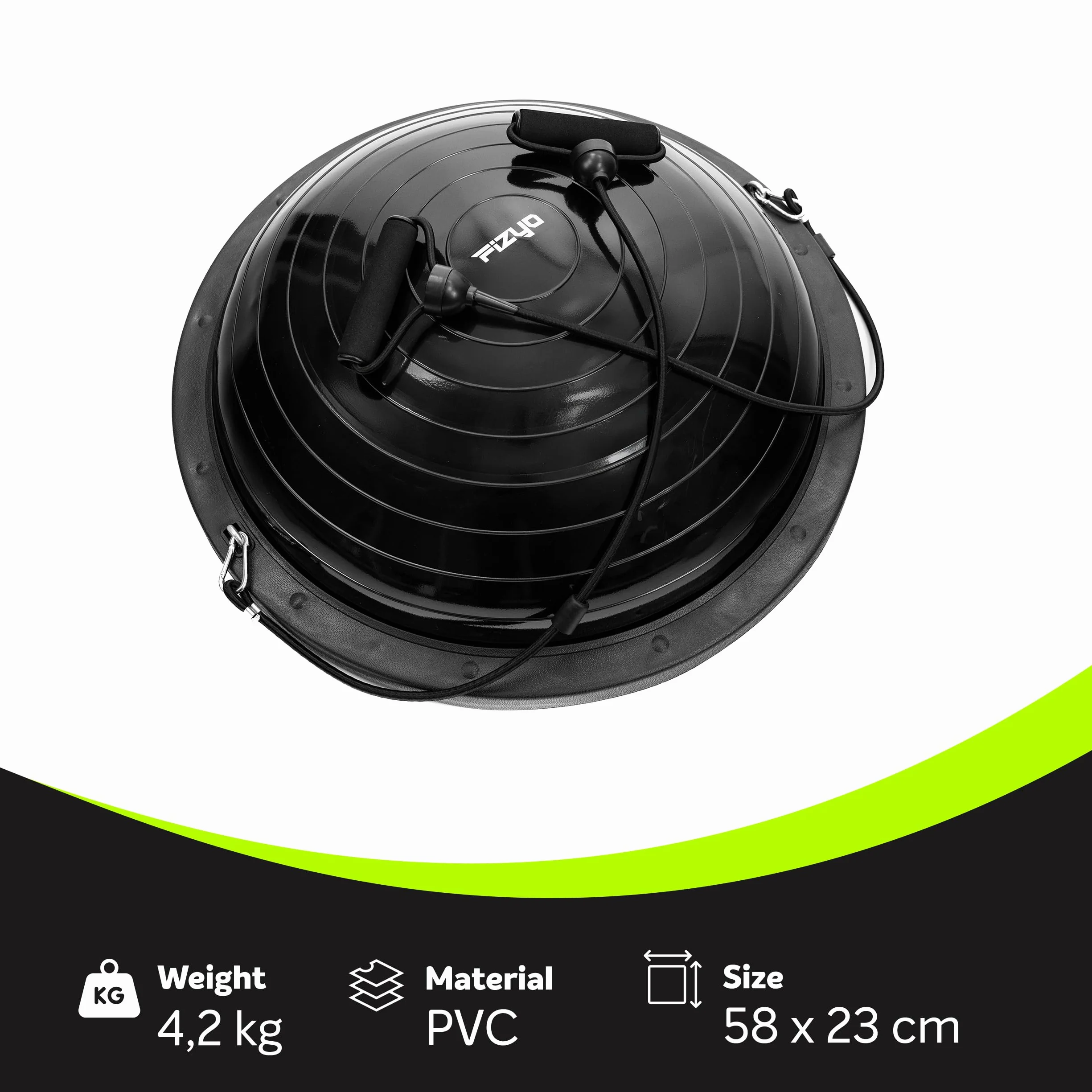 FIZYO Balance Trainer Halbkugel Ø 58 cm, Rutschfester Balance Ball mit Bändern & Pumpe für Gleichgewicht, Core-Training, Yoga, Pilates, Fitness, Gymnastik, Physiotherapie & Rehabilitation Schwarz