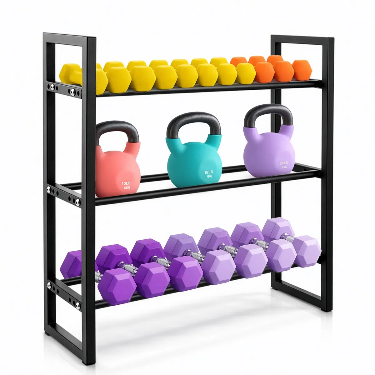 3-Stöckiges Hantelgestell aus Metall, verstellbare Breite, Belastbarkeit 360 lbs, für Hanteln, Kettlebells und Fitnessgeräte