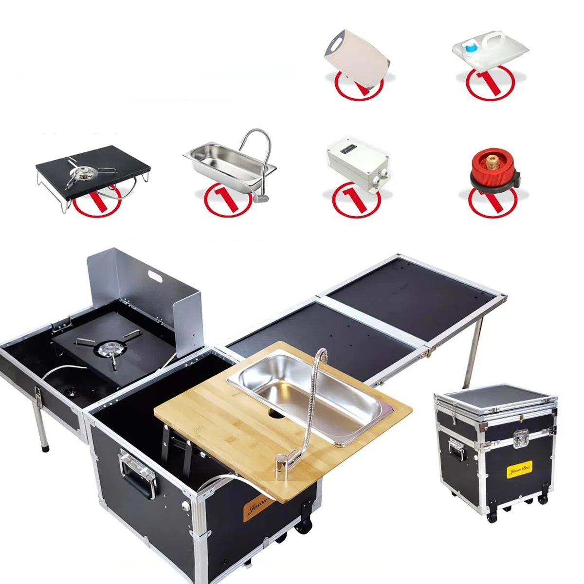 WOLWES Campingküche Mit Herd und Spüle Camping Box Mit Rollen Campingtisch Faltbar Outdoor Küche für 2~4 Personen Camping Set (Size : Standard Edition)