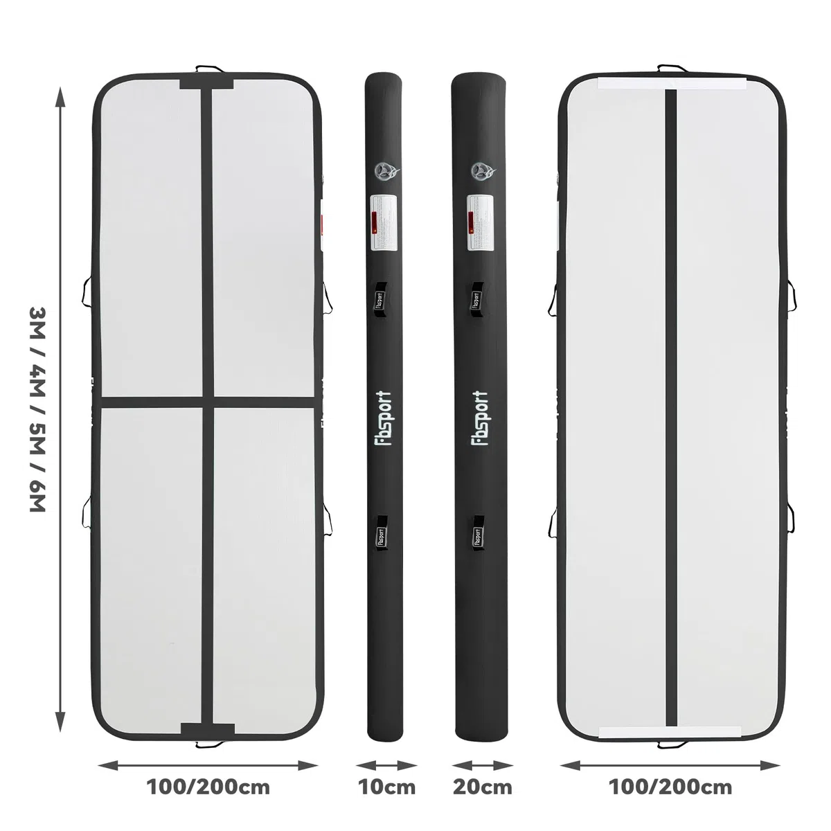 FBSPORT Airtrack Matte 3/4/5 m Trainingsmatte, 10/20 cm Dicke Tumbling Matten mit Luftpumpe und Tragetasche, Gymnastikmatte für Zuhause/Yoga/Outdoor/Tumbling/Gym/Training/Cheerleading/Wasser
