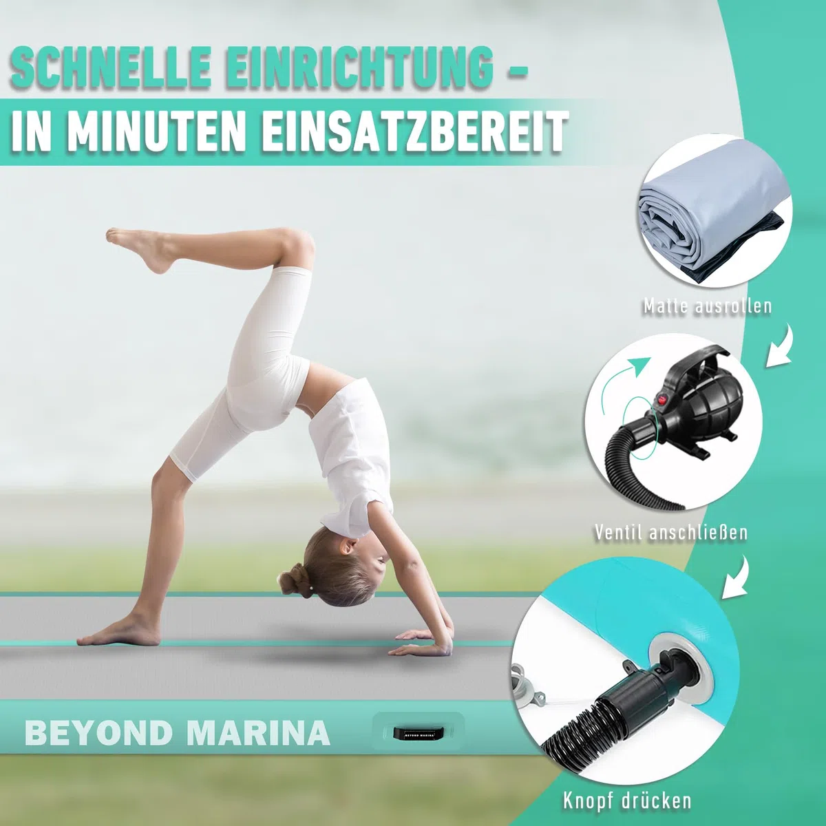 BEYOND MARINA Turnmatte Aufblasbar, Air Matte Track, Air Tracking Matte, 3m 4m 5m 6m Gymnastikmatte Tumbling Matten 10/20cm hoch mit pumpe für Zuhause, Trainingsmatte, Fitnessmatte, Yogamatte