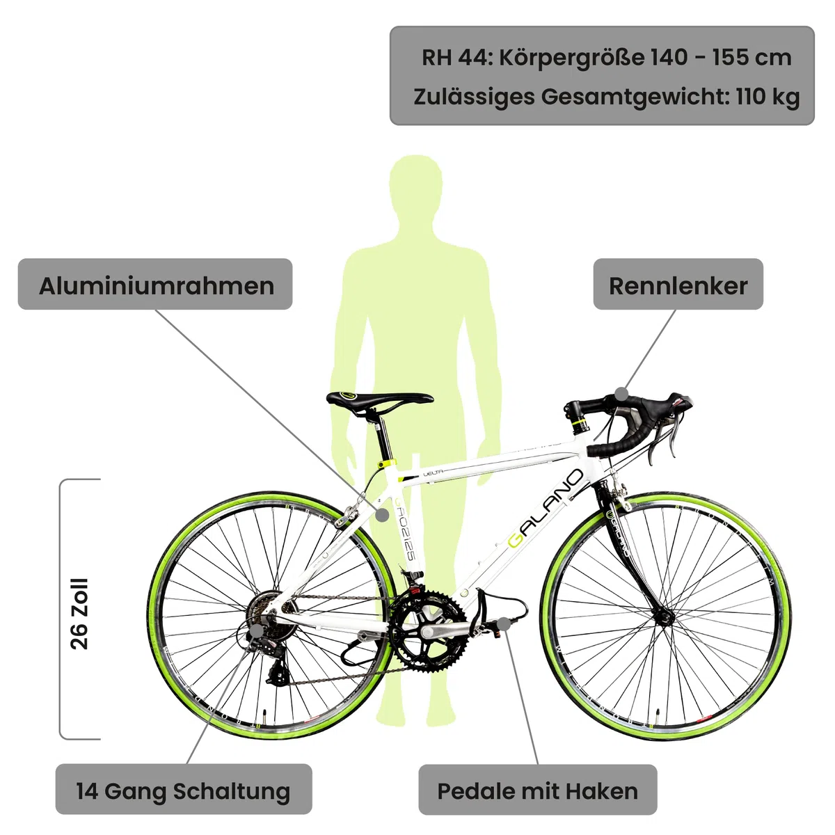 Galano Rennrad 26 Zoll Jugendrad Vuelta STI Jugendfahrrad 14 Gänge Fahrrad