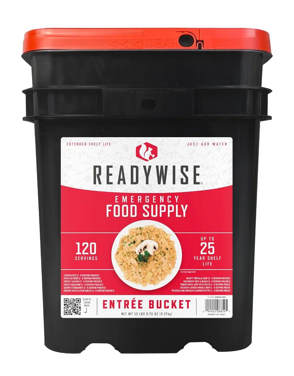 ReadyWise, 120 Portionen, Notration, Mittag- und Abendessen, Grab & Go Eimer, 13 Rezepte, Gefriergetrocknet, Langlebige Lebensmittelversorgung,Bis Zu 25 Jahre Haltbarkeit, 7 Tage für 2 Personen