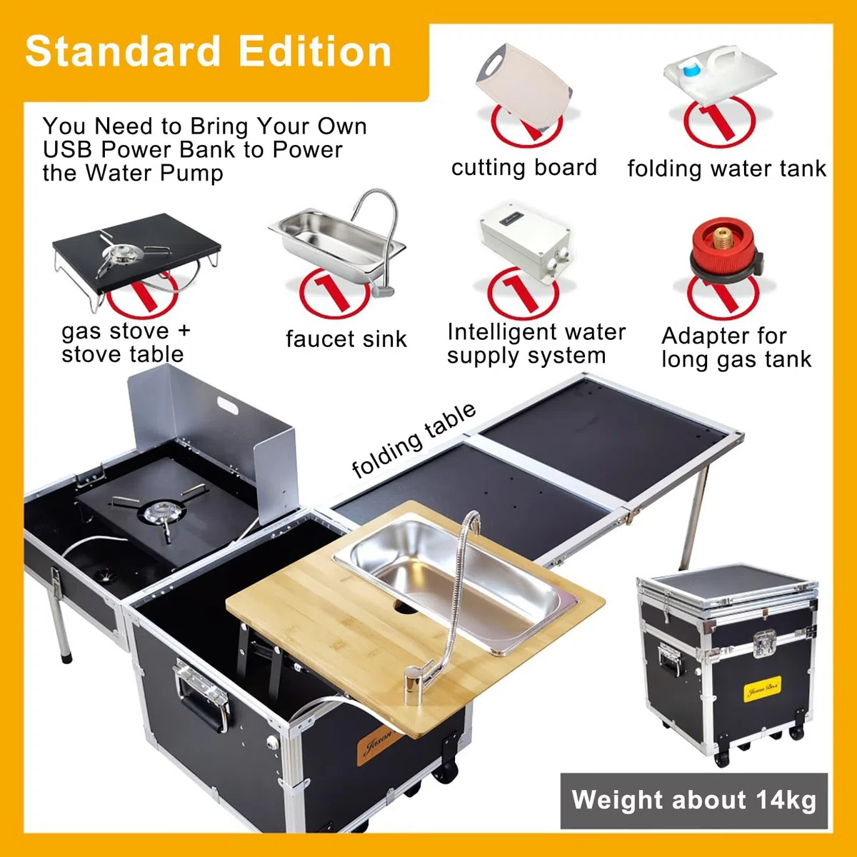 WOLWES Campingküche Mit Herd und Spüle Camping Box Mit Rollen Campingtisch Faltbar Outdoor Küche für 2~4 Personen Camping Set (Size : Standard Edition)