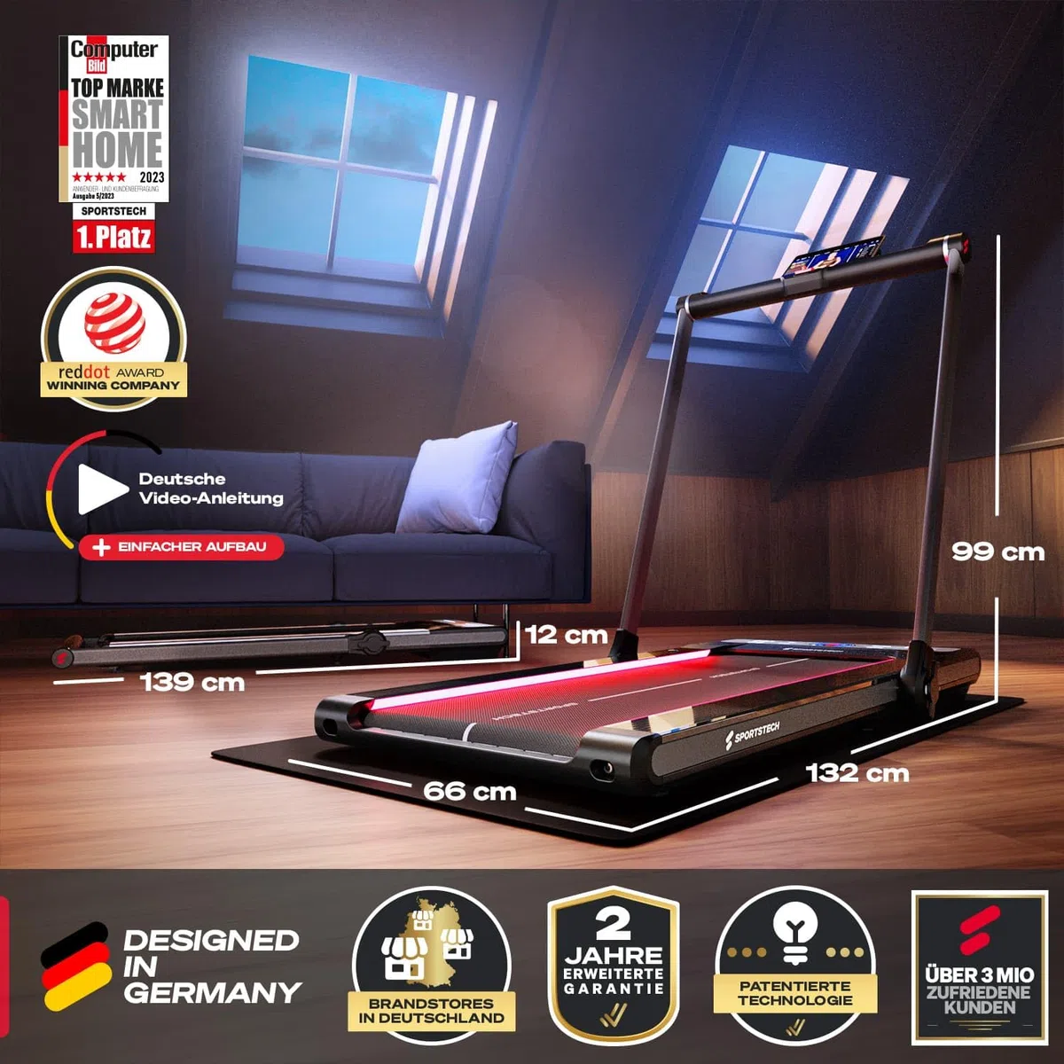 Sportstech sWalk Plus 2in1 Walking Pad klappbar bis 12 km/h, Laufband für Zuhause klappbar, Walking Pad mit Steigung, LED, Bluetooth App, 3,5 PS Motor, bis 130 kg, Laufband für Zuhause
