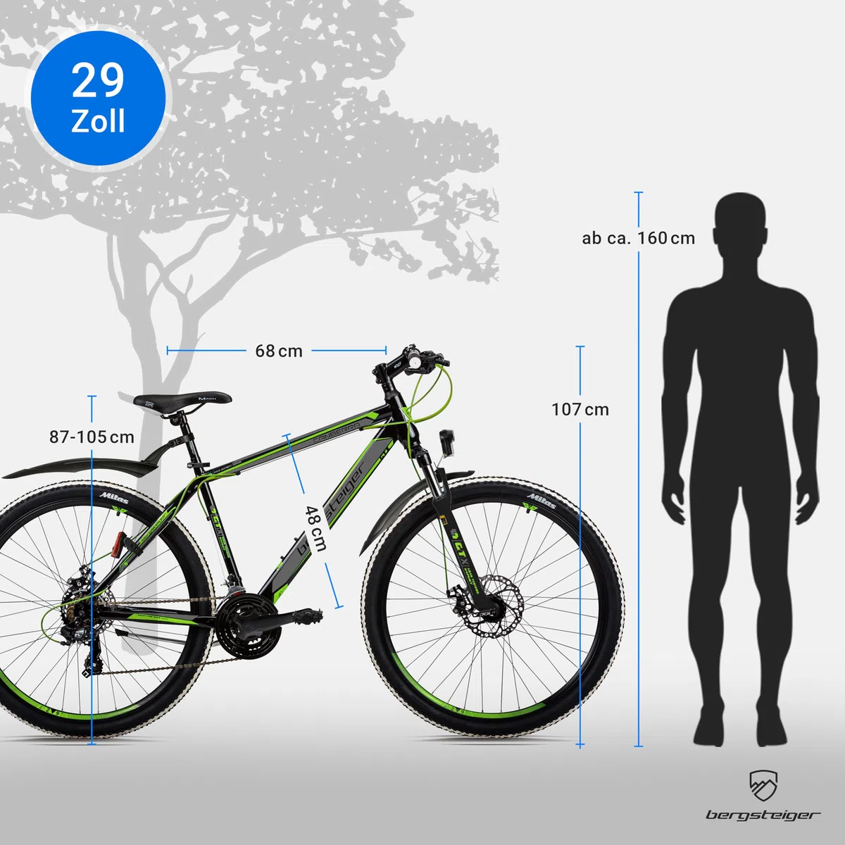 Bergsteiger Canberra 26/29 Zoll Mountainbike Hardtail Aluminium Rahmen | Ideal für Schulweg und Gelände ab 155 cm Größe. Mit 18-Gang-Schaltung, Beleuchtung und zu 90 Prozent vormontiert.