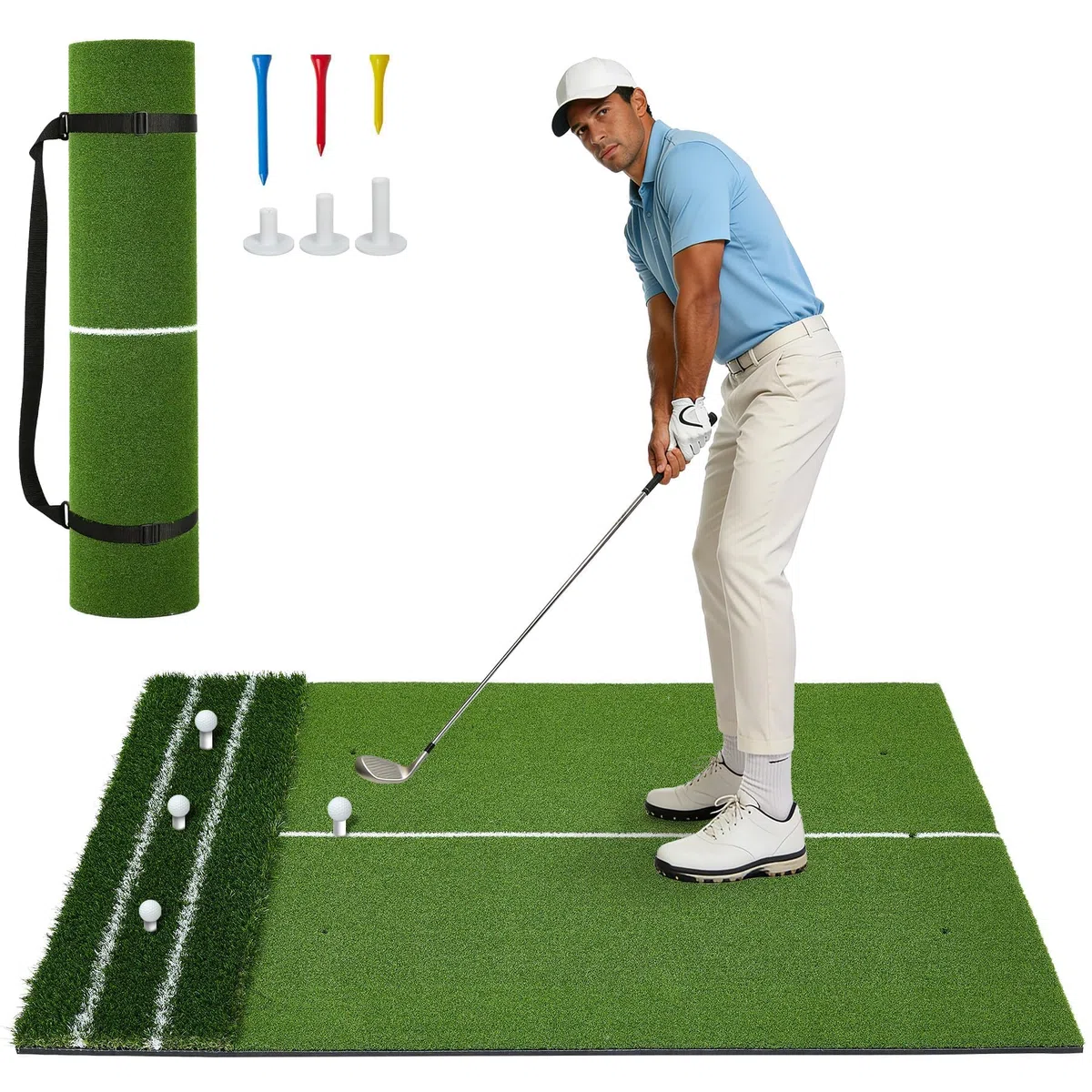 152x121cm Golf Abschlagmatte, Golf Übungsmatte Kunstrasen, Faltbar Golfmatte, 3 Gummi-Tees, 7 Abschlagpositionen, Für Indoor Und Outdoor
