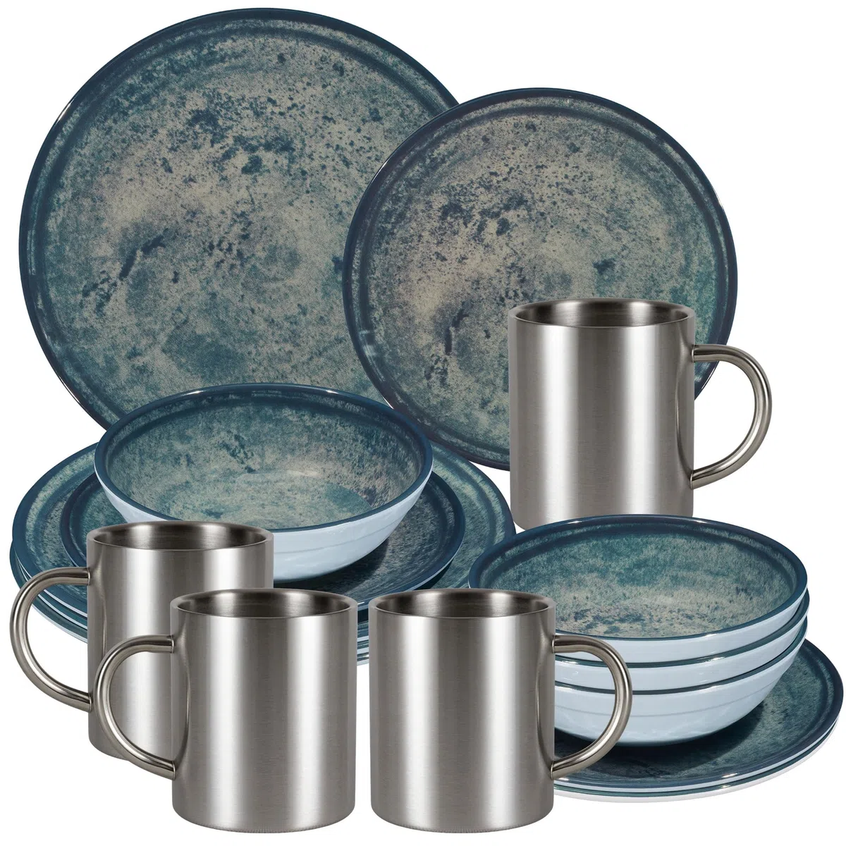 Melamin Geschirr Set Mondgranit Blau-Grau Edelstahl Thermo Tassen Garten