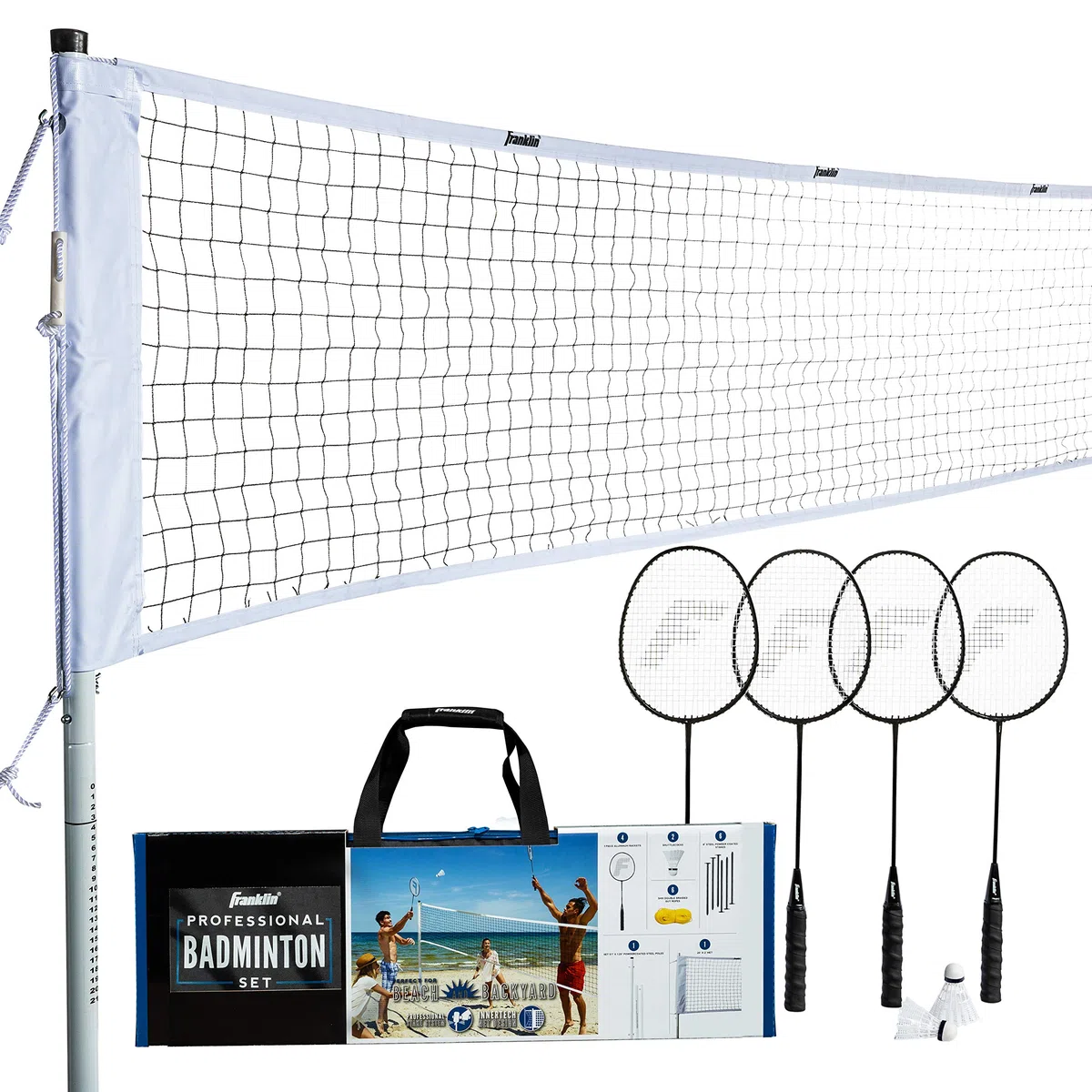 Franklin Sports Badminton-Netz-Sets – Outdoor-Hinterhof + Strand-Badminton-Netz + Ausrüstungsset – (4) Schläger + (2) Vögel + tragbares Netz enthalten – Set für Erwachsene und Kinder