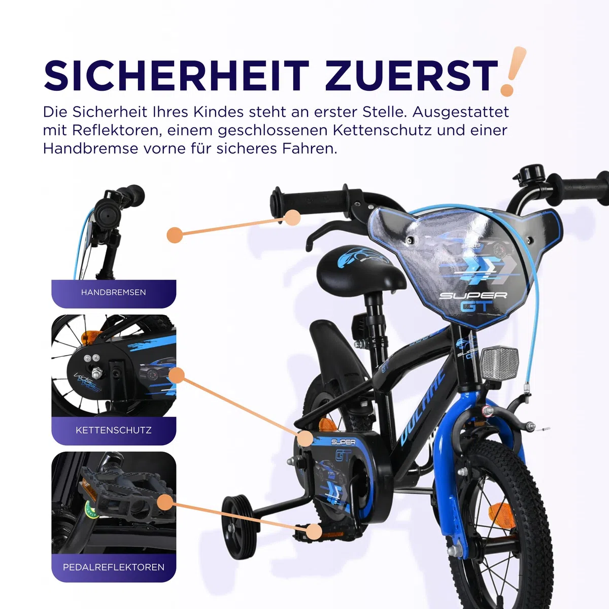Volare Super GT Kinderfahrrad blau 14 Zoll | 3,5–5 Jahre | 2 Handbremsen, Stützräder, Kettenschutz, Reflektoren | Verstellbarer Sattel | Geschenk für Jungen & Mädchen