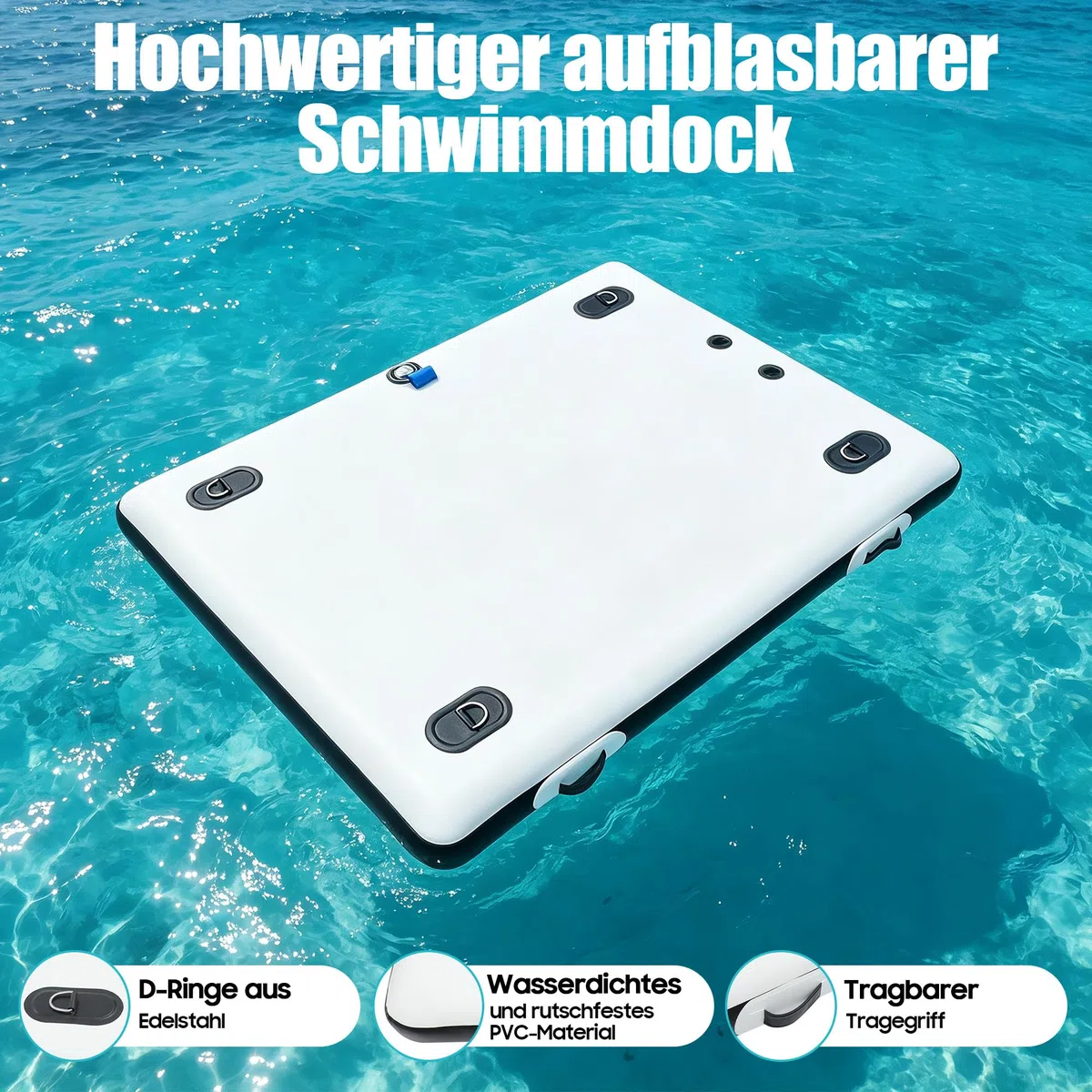 Aufblasbare schwimmende Plattform, 2 x 1,5 m PVC Schlauchboot für Angler, Fishing Plattform mit 2 Rudern und Luftpumpe, Tragkraft 400 kg, für See Schwimmbad Yoga Weiß Schwarz