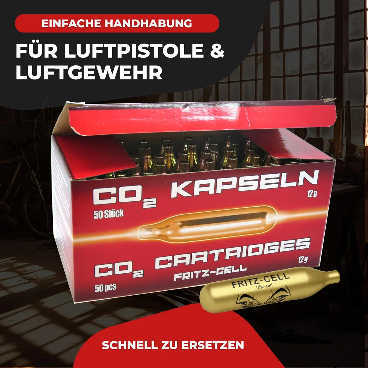 Fritz-Cell CO₂-Kapseln 12g – 500 Stück – für Airsoft, Softair und Luftgewehre – sauber versiegelt, konstante Leistung, rückstandsfrei, korrosionsgeschützt, 12g-System kompatibel
