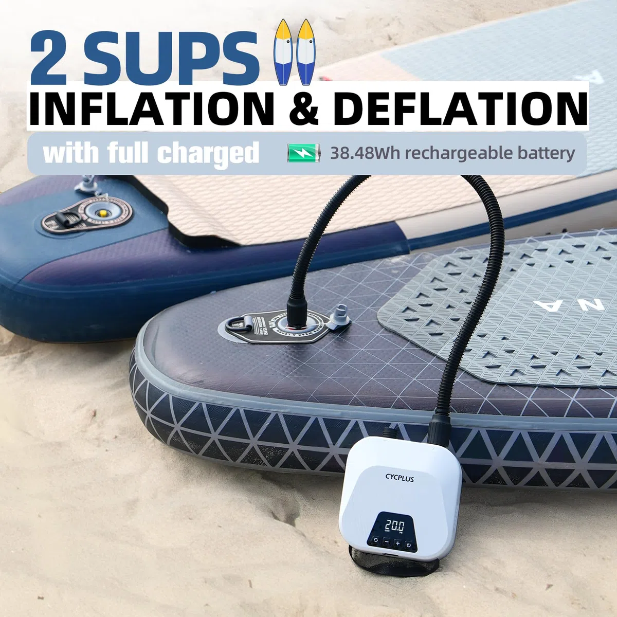 CYCPLUS 20PSI Hochdruck Smart SUP Luftpumpe, Akku-betrieben, Intelligent Dual Stage Inflation & Deflation, Auto-Off Luftpumpe für Stand Up Paddle Boards, Surfen Kite, Zelt, Matratze
