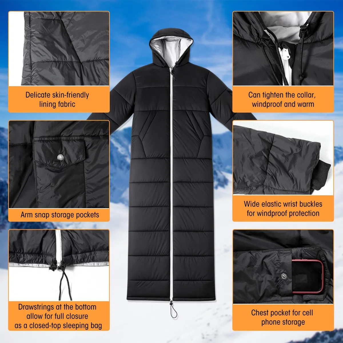Macarrie Wearable Sleeping Bag for Adults with Sleeves and Hood, 74 Inch Long 0 Degree Cold Weather Insulated Weather Sleeping Bag for Extreme Cold Camping Hiking Stadium