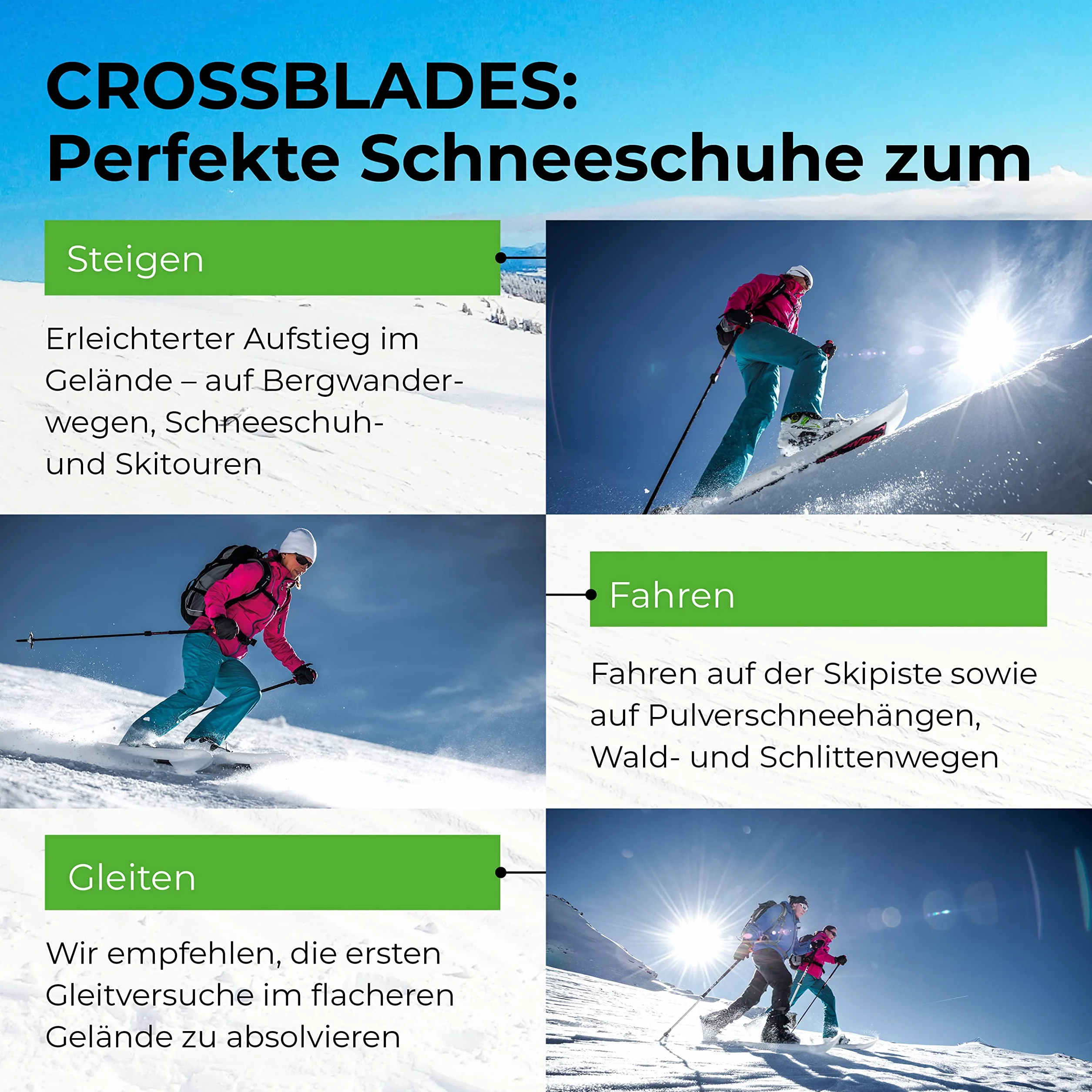 Softboot Schneeschuhe Weiß 36-46 I 3in1 Schneeschuh zum Steigen, Fahren, Gleiten I Weltneuheit-Schneeschuhe zum Skifahren mit Wanderschuh
