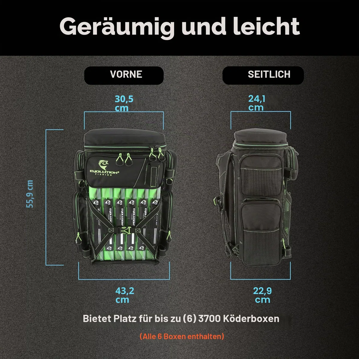 Evolution Fishing Drift-Serie 3700 Angelrucksack mit QuikLatch-System und 2 Rutenhaltern, robust, mit 6Tackle-Boxen, Grün