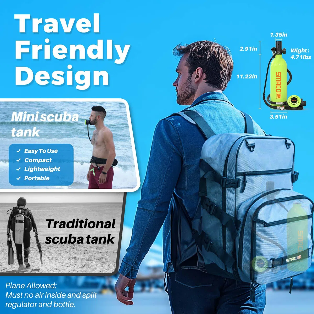 SMACO Tauchflasche Zum Sporttauchen S400Pro Tauchen Sauerstofftank mit 1L Kapazität Unterstützen Sie Unterwasseratmung (Nicht Mehr als 16ft) Neue Generation Tauchzylinder Unterwasseratemgerät