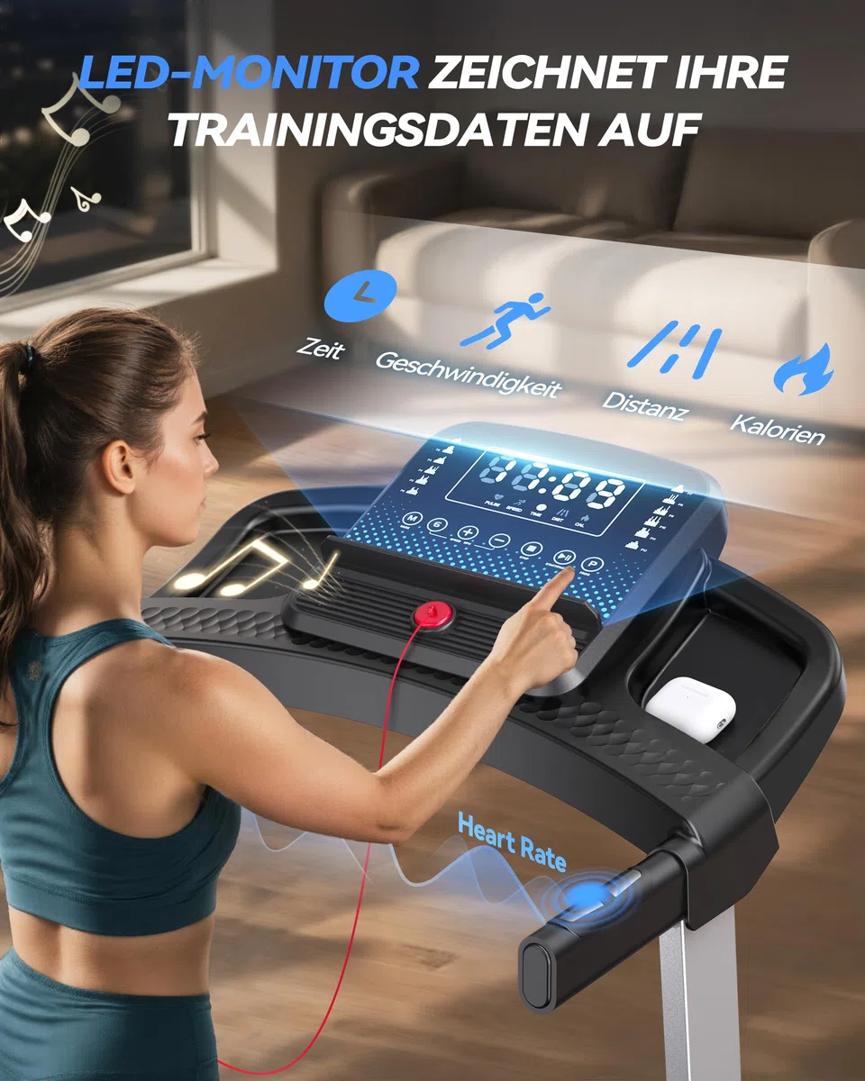 Laufband für Zuhause Klappbar, 12 km/h Treadmill mit 12 HIIT Programme, 3,5PS Leise Laufband mit Steigung, LED-Anzeige, Sprachsteuerung, Bluetooth-Lautsprecher, APP, Laufbänder bis 180KG