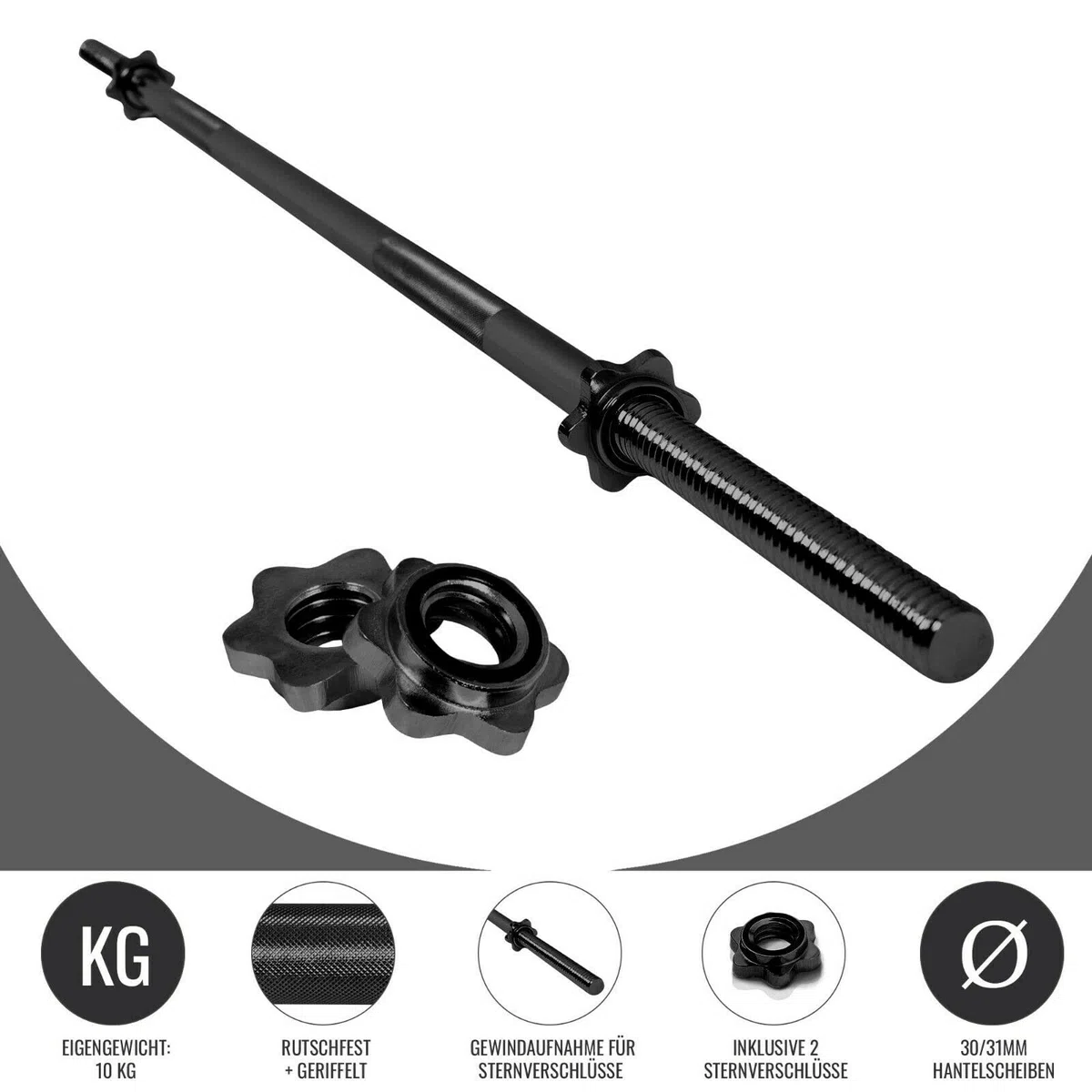 GORILLA SPORTS® Langhantelstange - 170cm, mit 2 Sternverschlüssen, 30mm, bis 200kg belastbar, Griff gerändelt, rutschfest, Chrom, Silber/Schwarz - Hantelstange, Langhanteln, Langhantel-Stange
