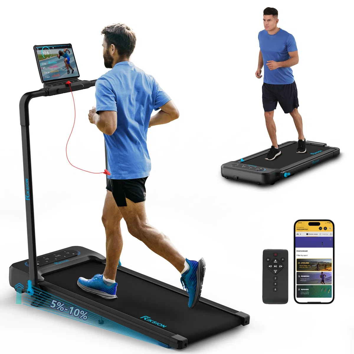 Laufbänder mit 10% Neigung LED-Monitor APP, 1-14 km/h Untertisch-Gehunterlage mit faltbarem Handlauf für Zuhause/Büro, Workout, Joggen