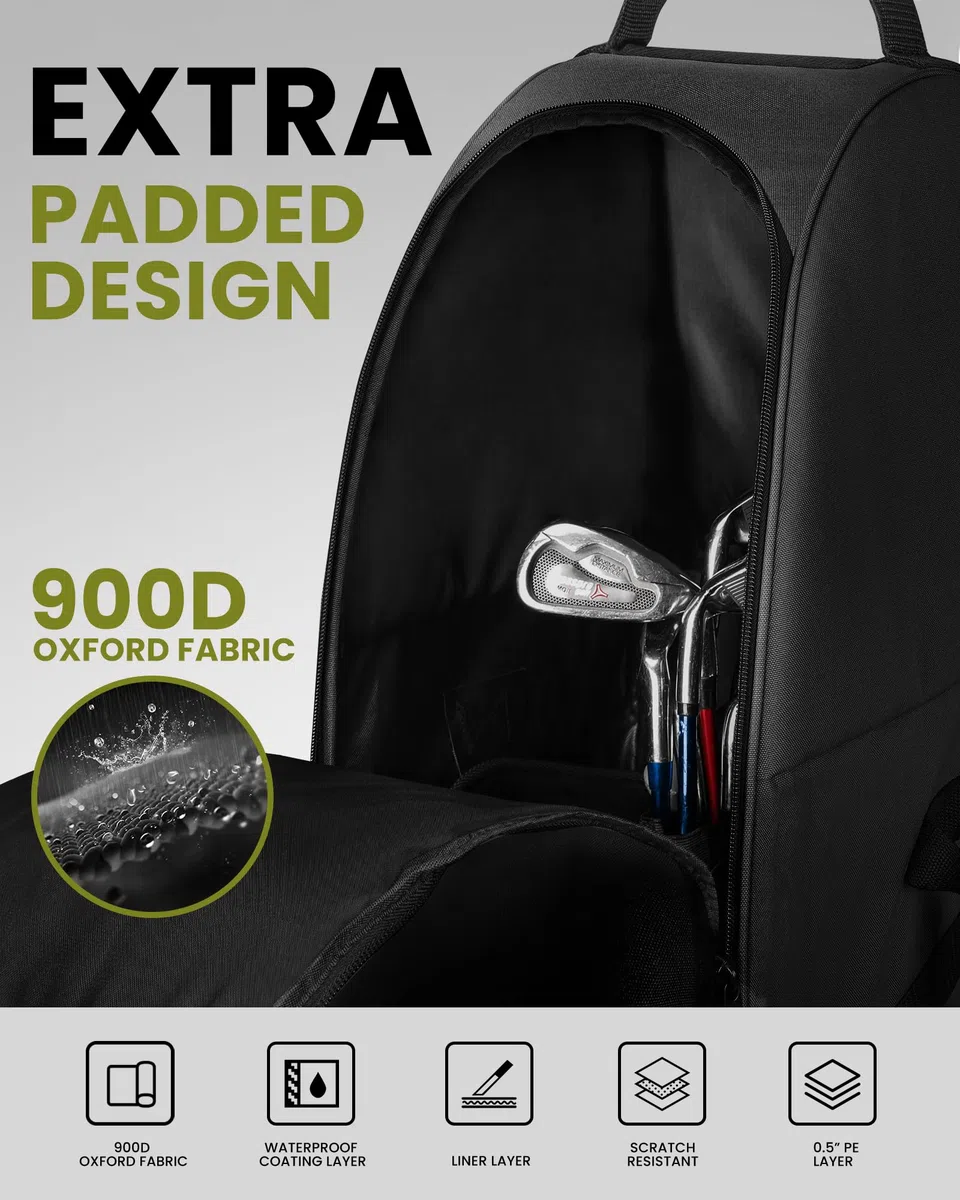 OutdoorMaster Gepolsterte Golf-Reisetasche mit verstärkten Rädern, 900D strapazierfähiges Oxford-Gewebe, verschleißfest und wasserdicht, weiche Seiten