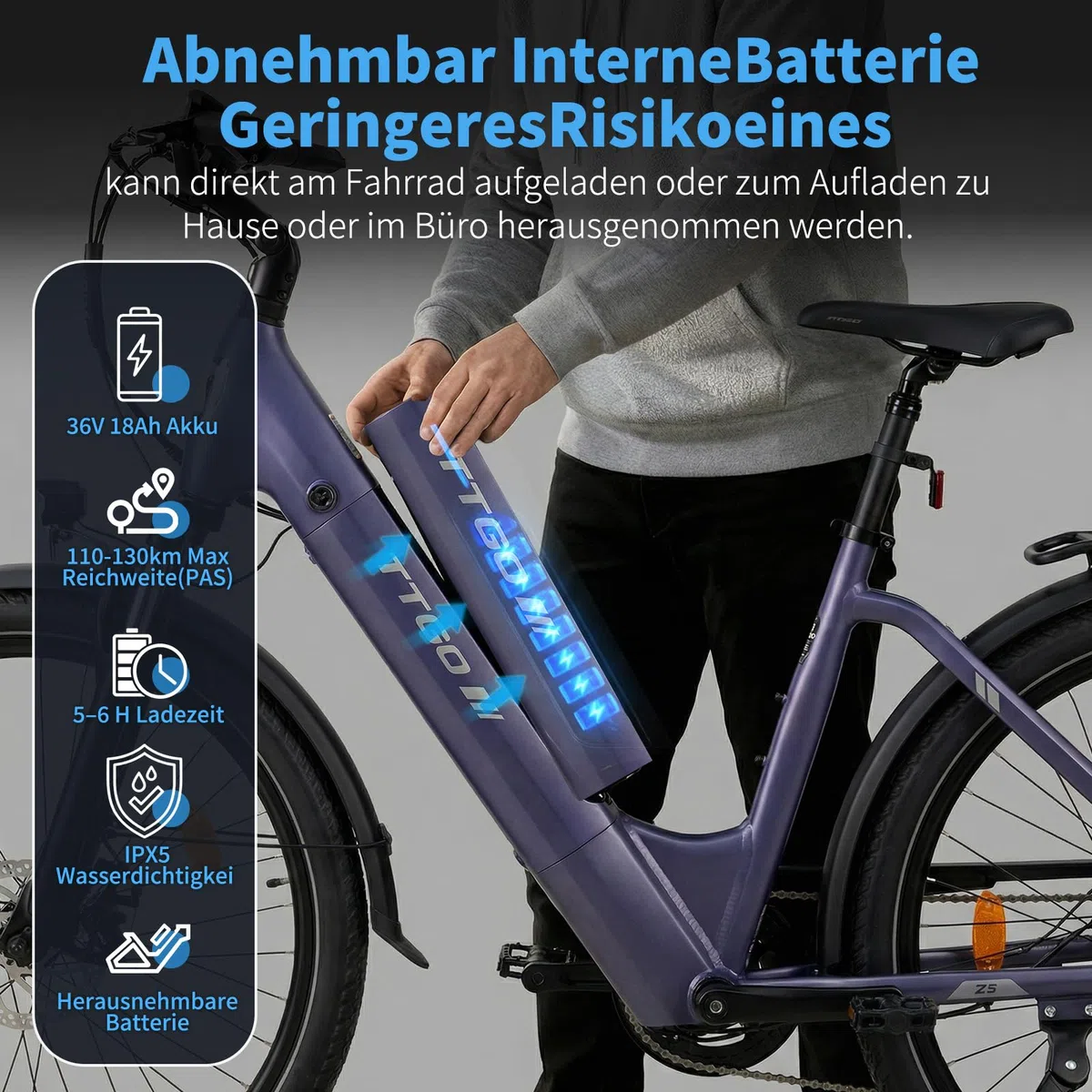 ttgo Z5 E-Bike 27,5 Zoll für Damen und Herren, 250W Pedelec Citybike E Bike mit 36V 18Ah Herausnehmbarem Akku, 100–130 km Reichweite, 25 km/h, LCD Display, Aluminiumrahmen